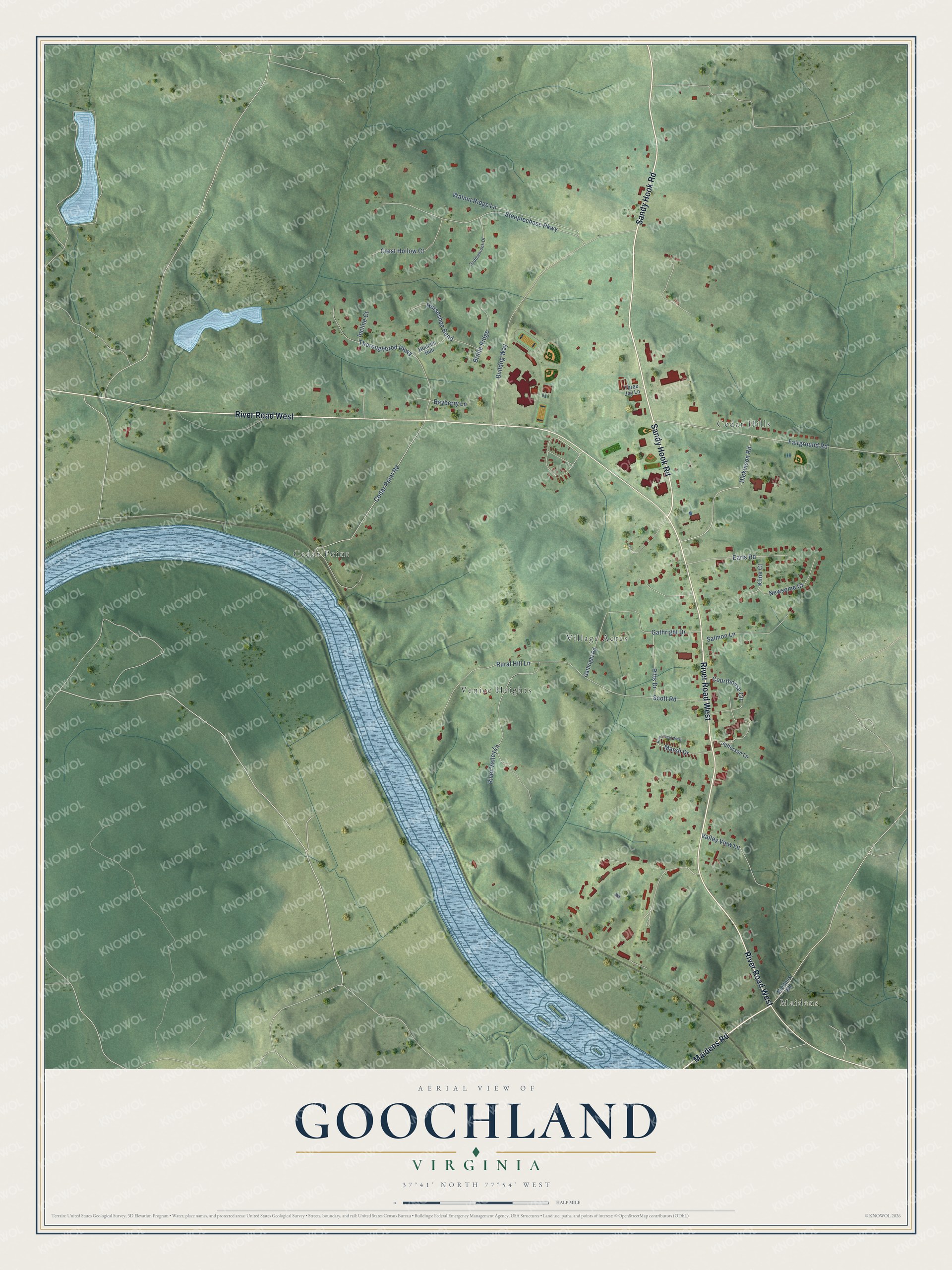 Full map of Goochland, Virginia, with red buildings, printed street names and the land around them