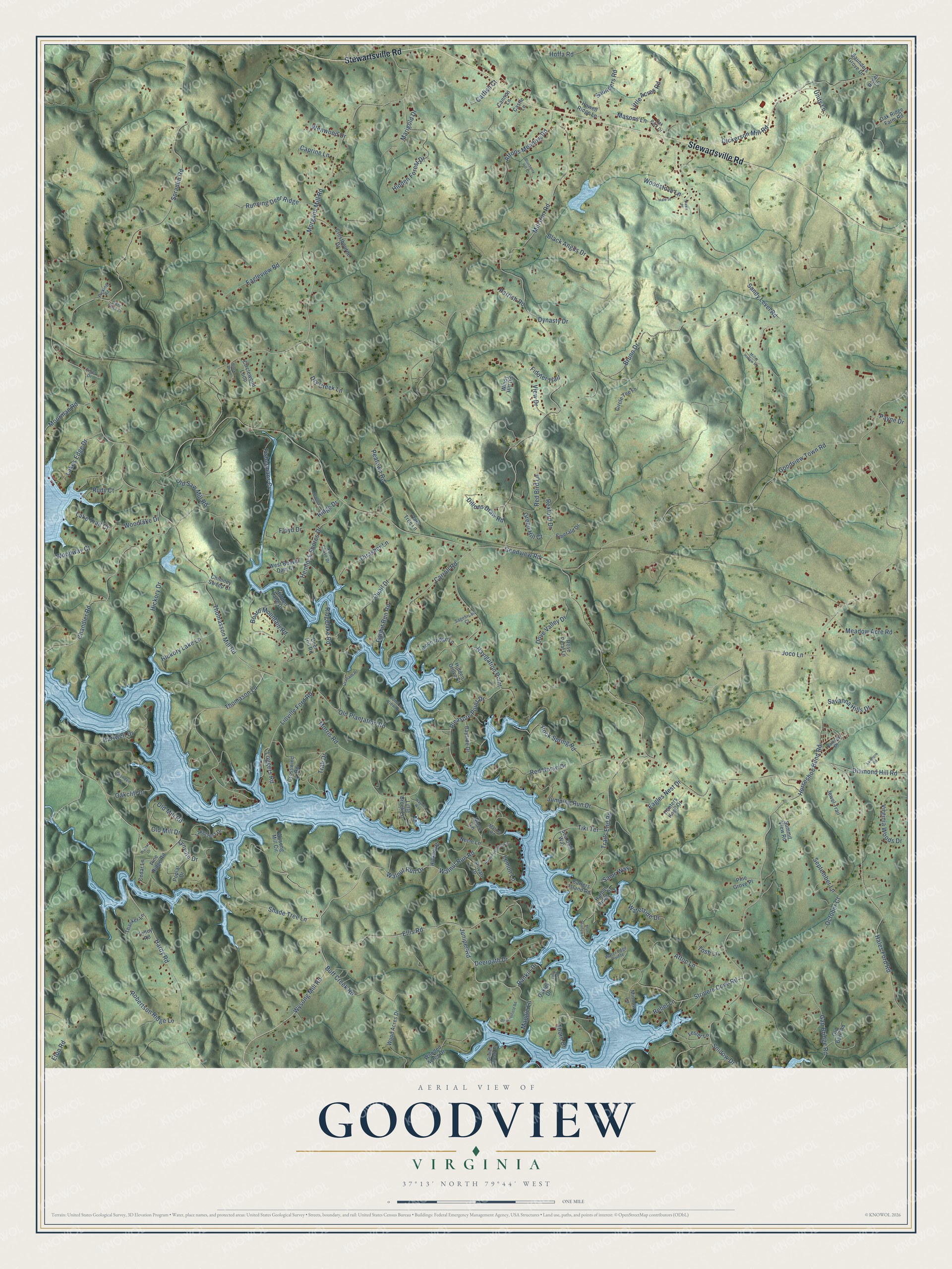 Full map of Goodview, Virginia, with red buildings, printed street names and the land around them
