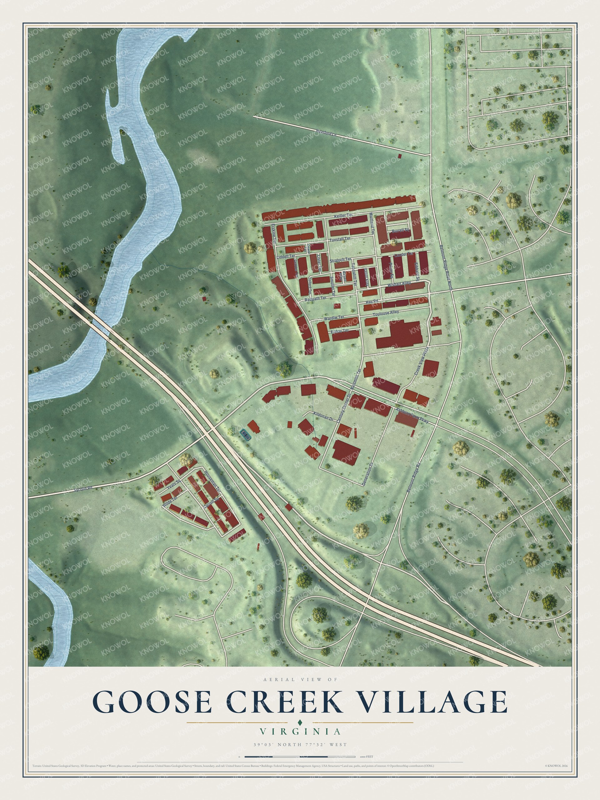 Full map of Goose Creek Village, Virginia, with red buildings, printed street names and the land around them