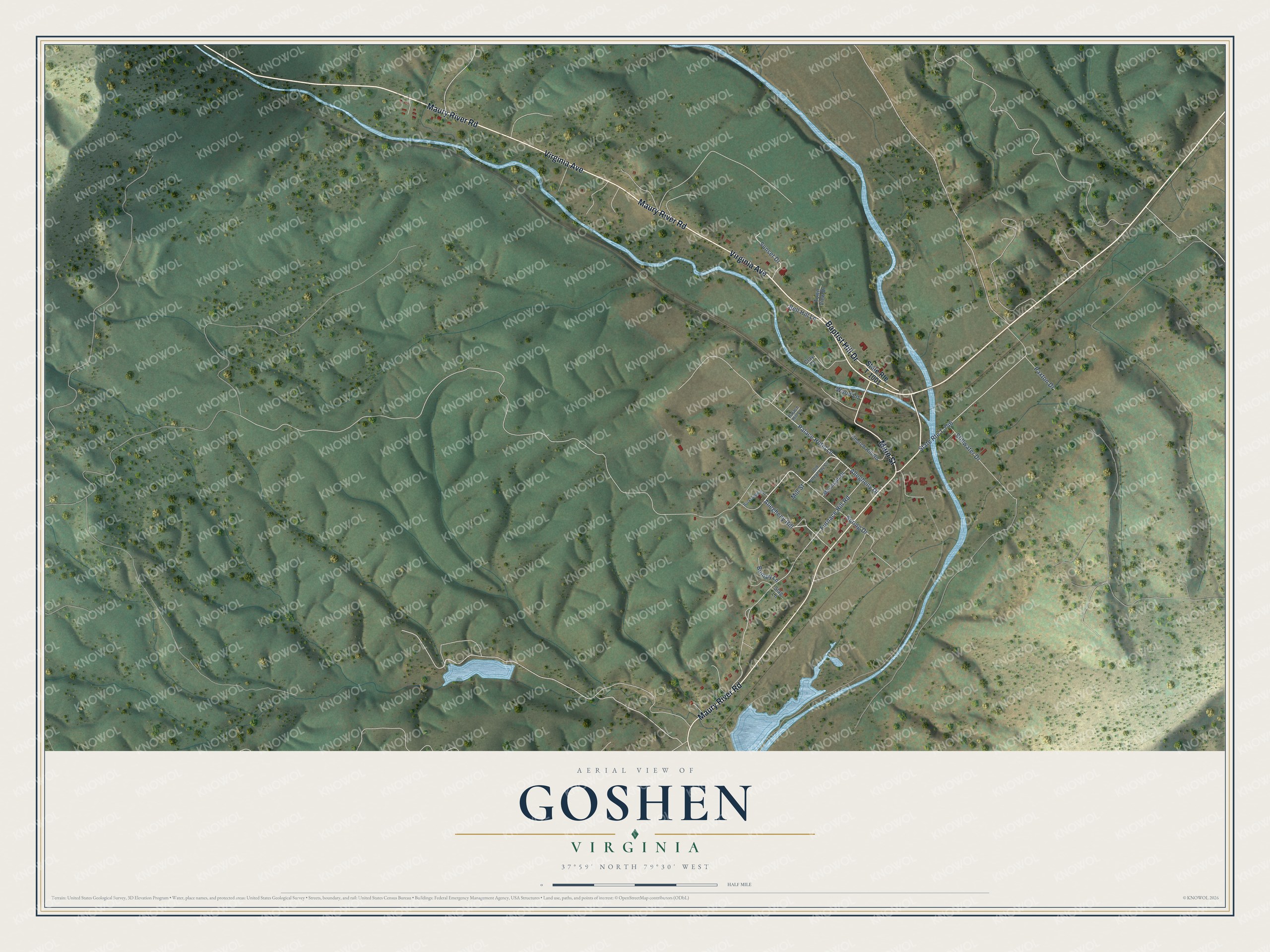 Full map of Goshen, Virginia, with red buildings, printed street names and the land around them
