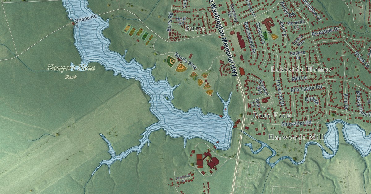 Close-up of streets and buildings in Grafton, Virginia