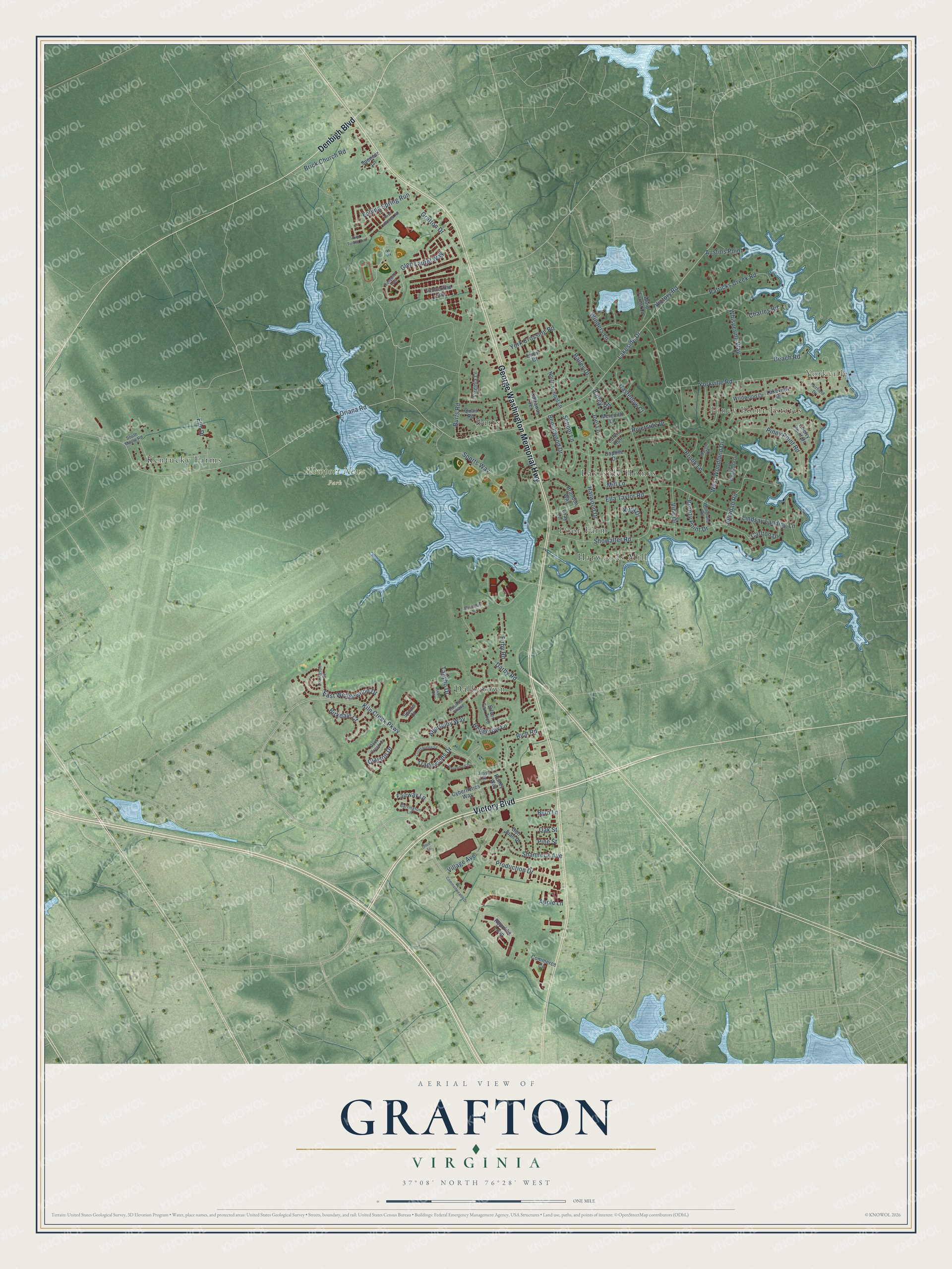 Full map of Grafton, Virginia, with red buildings, printed street names and the land around them