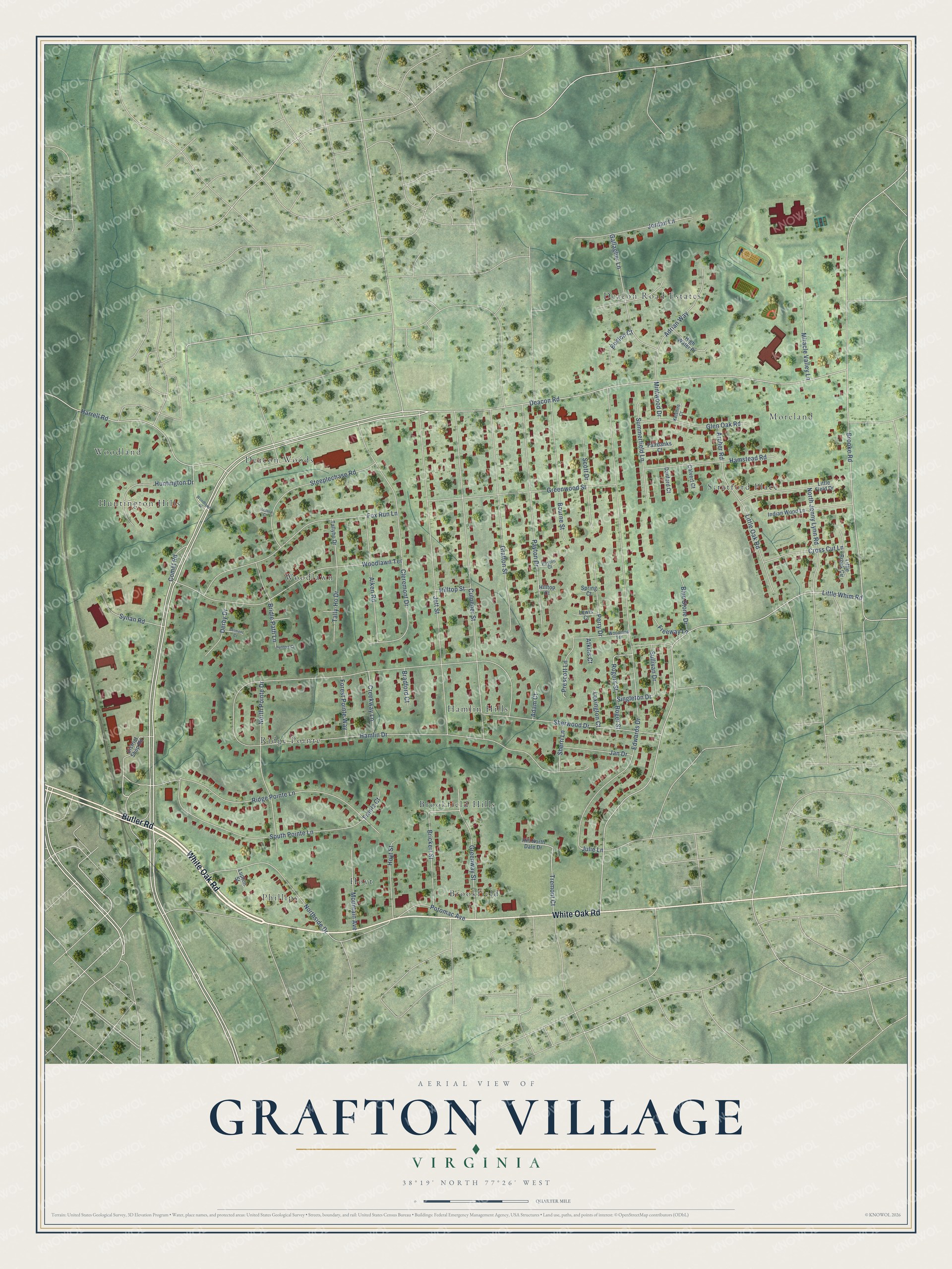 Full map of Grafton Village, Virginia, with red buildings, printed street names and the land around them