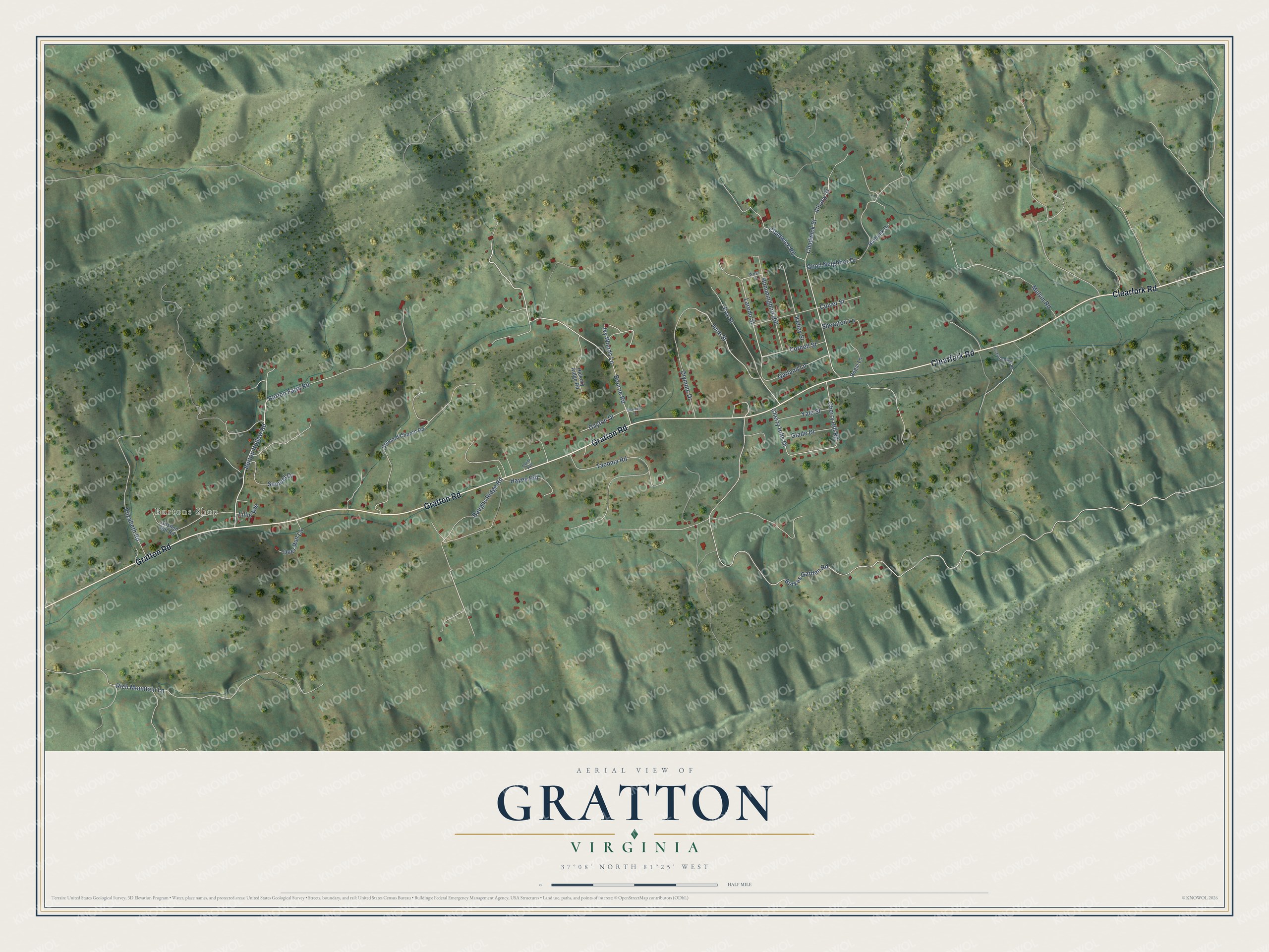 Full map of Gratton, Virginia, with red buildings, printed street names and the land around them