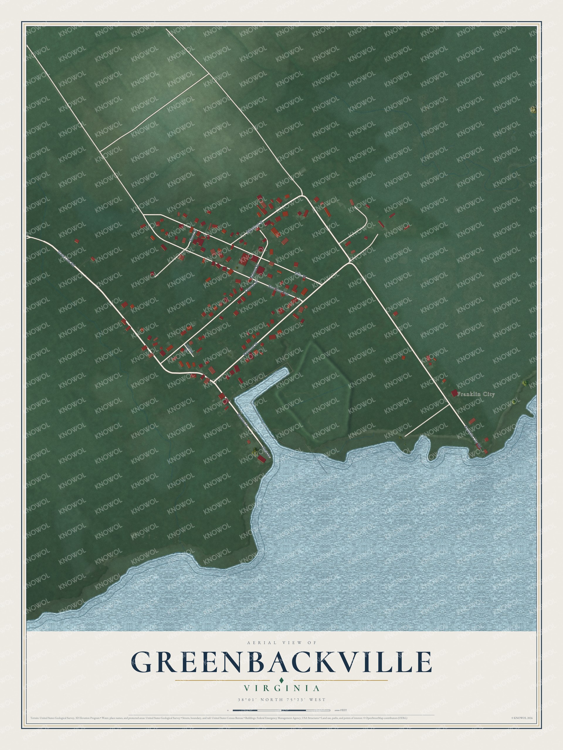 Full map of Greenbackville, Virginia, with red buildings, printed street names and the land around them