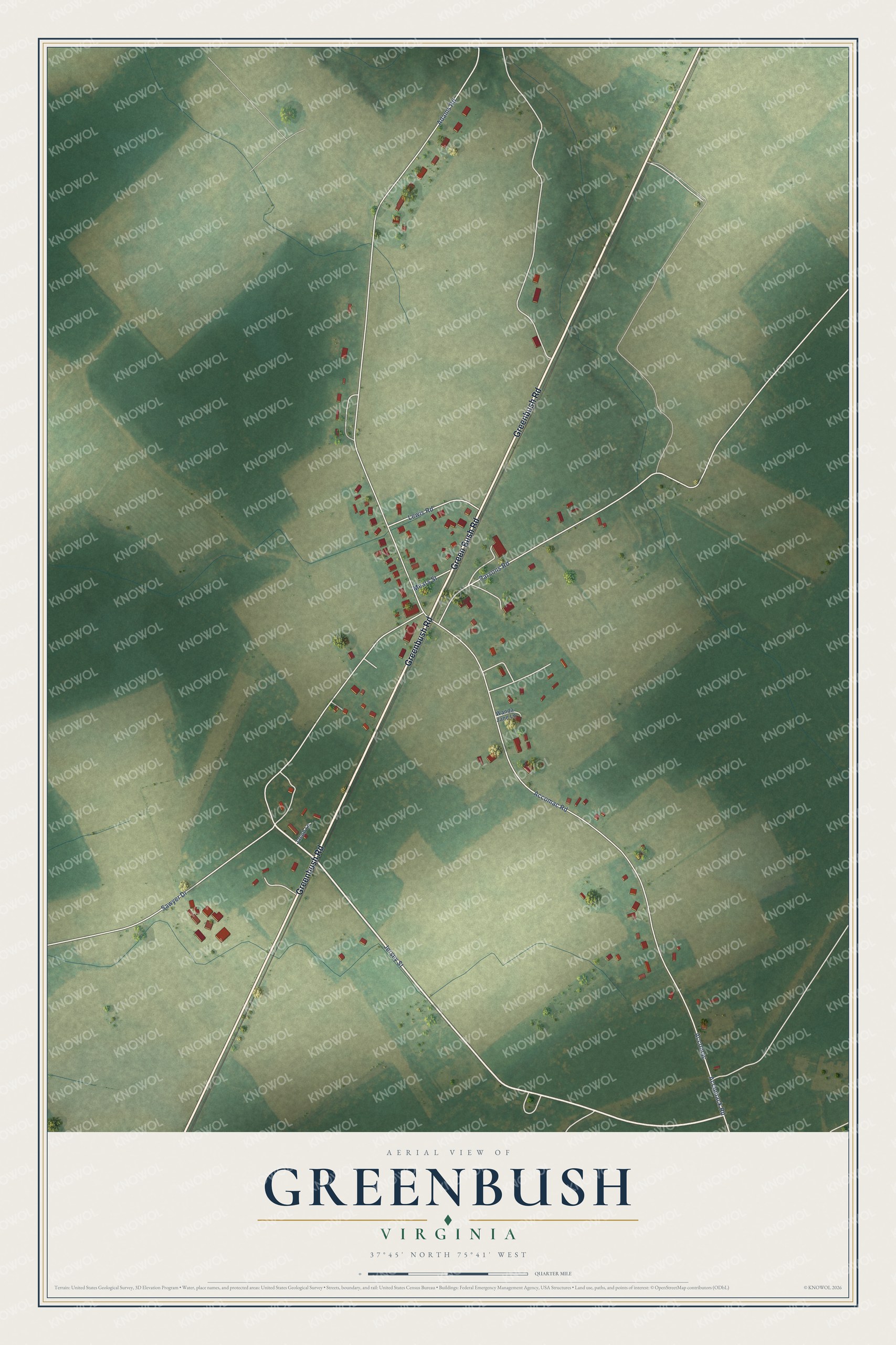 Full map of Greenbush, Virginia, with red buildings, printed street names and the land around them