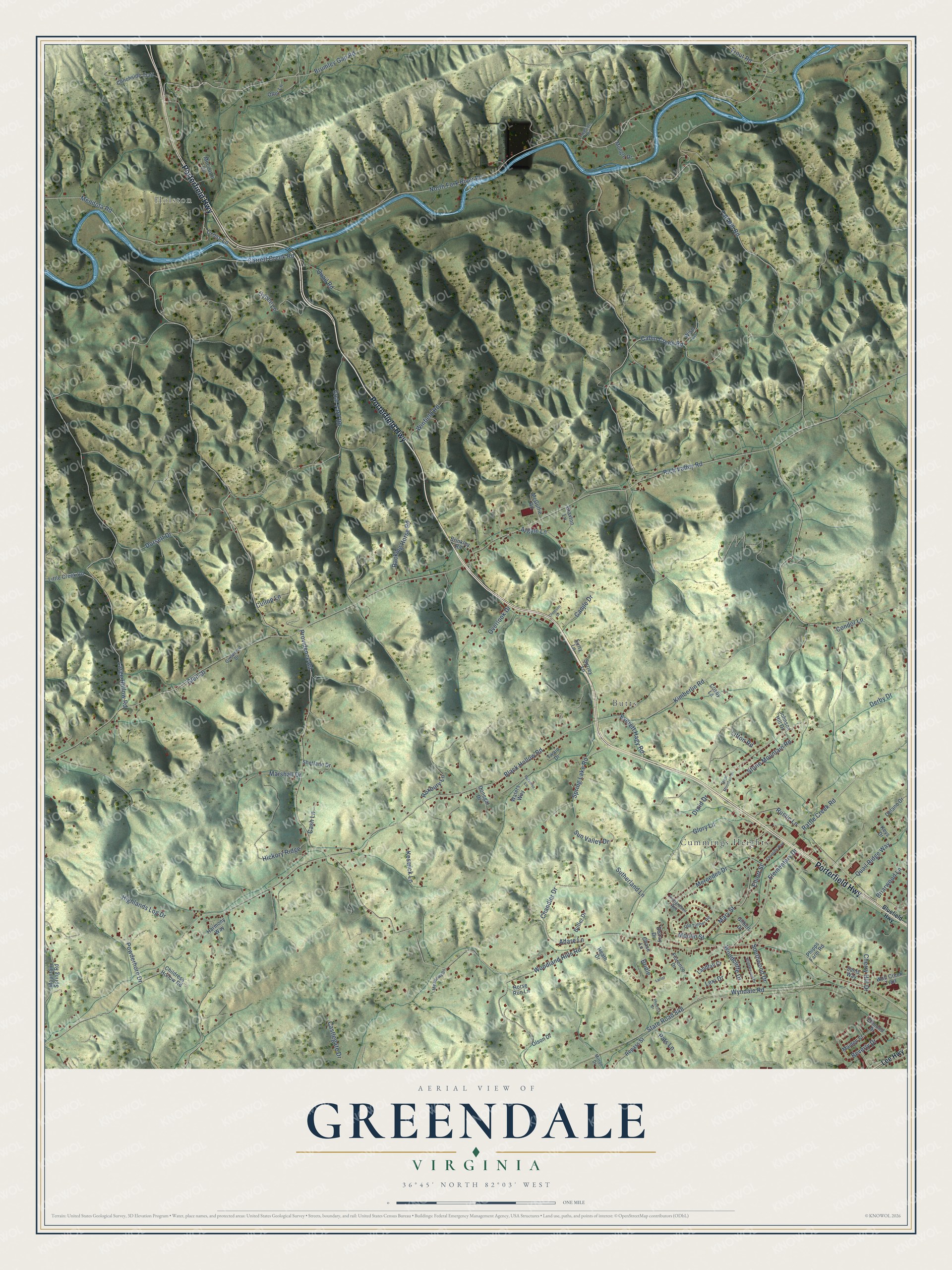 Full map of Greendale, Virginia, with red buildings, printed street names and the land around them