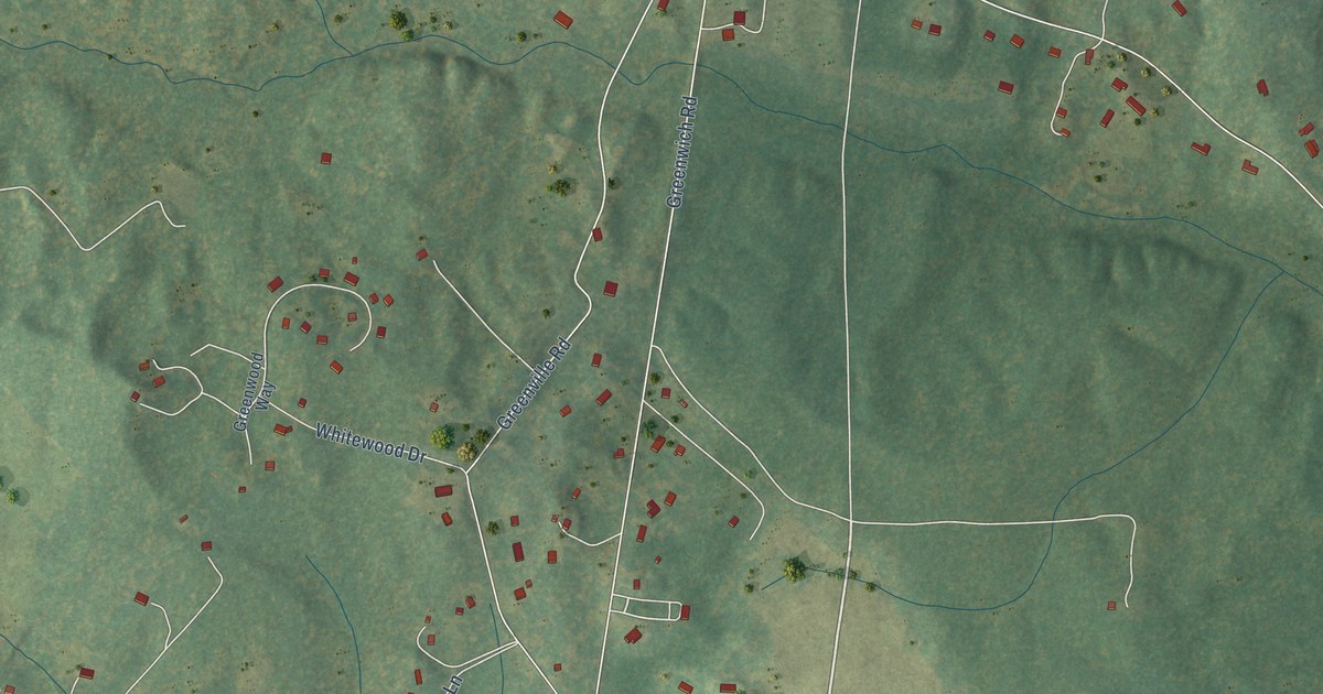 Close-up of streets and buildings in Greenville, Fauquier County, Virginia