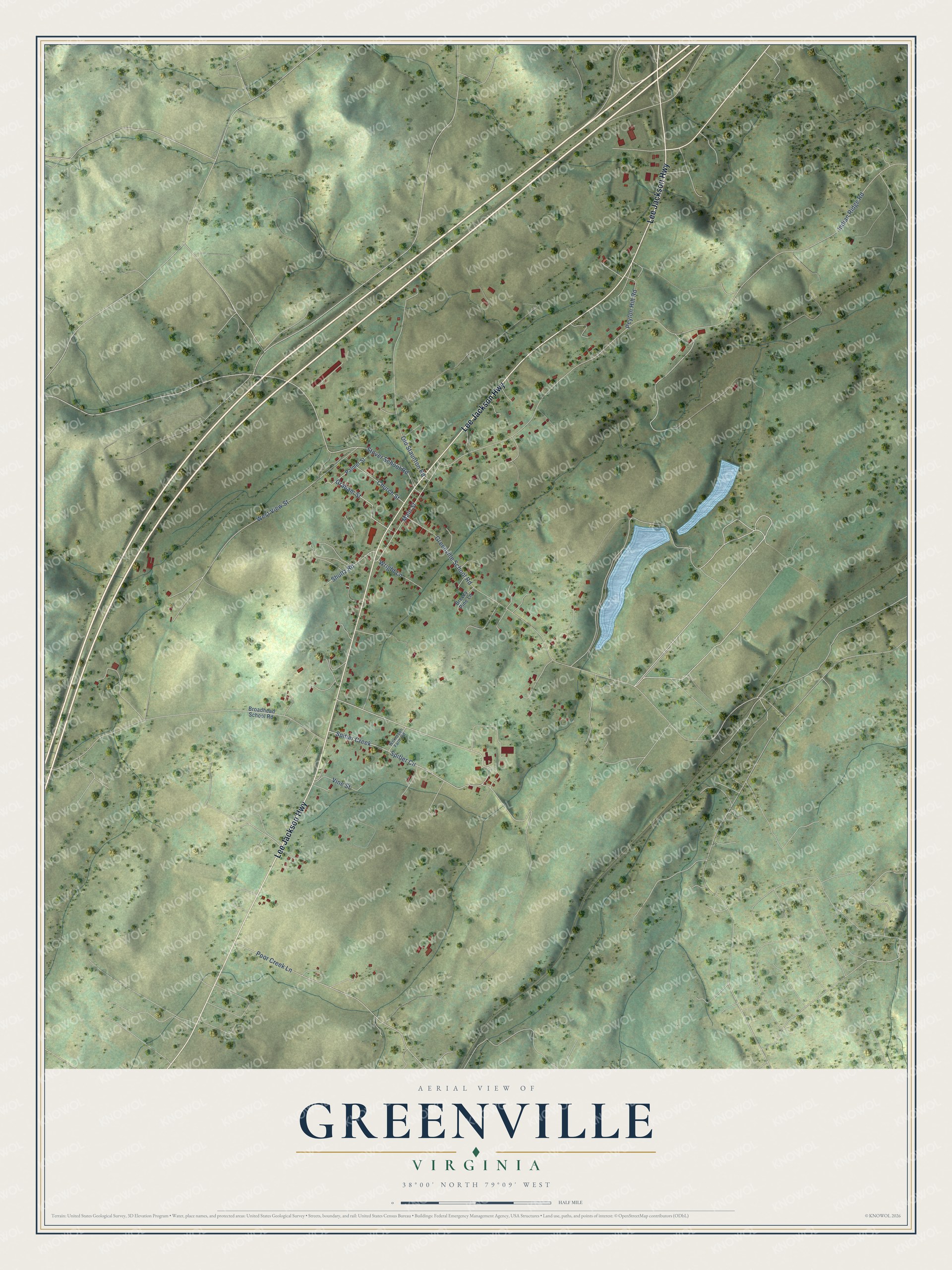 Full map of Greenville, Virginia, with red buildings, printed street names and the land around them