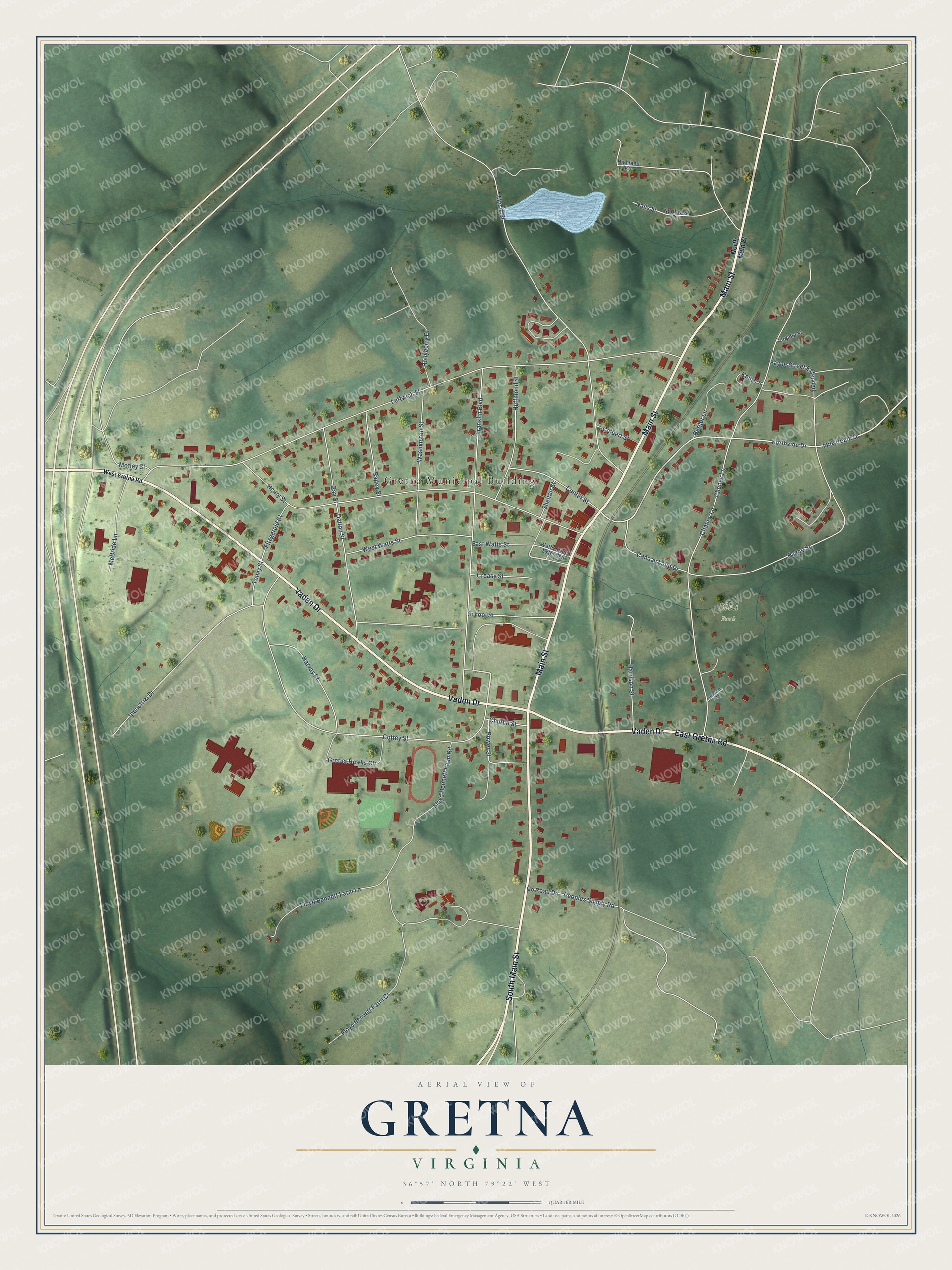 Full map of Gretna, Virginia, with red buildings, printed street names and the land around them