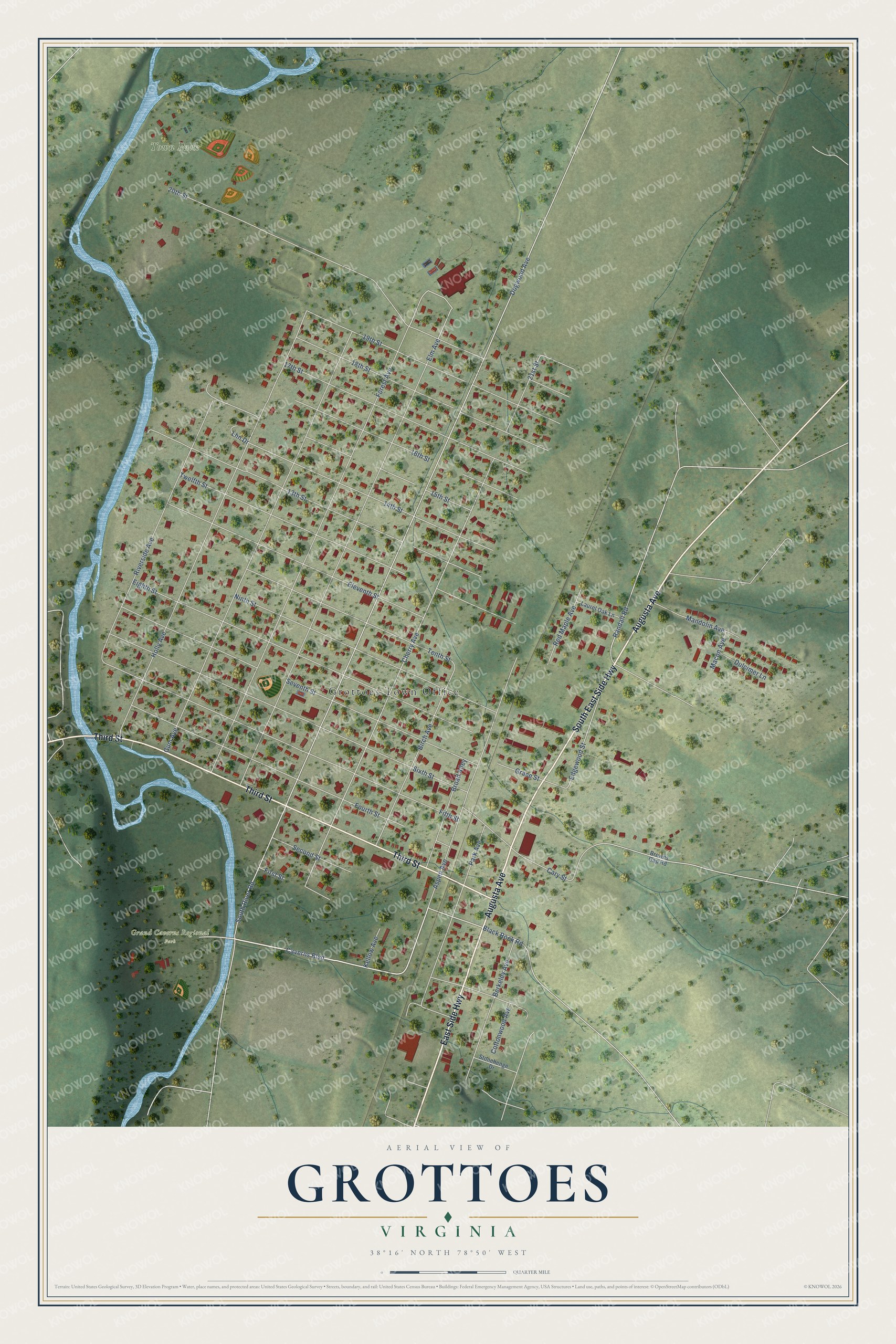 Full map of Grottoes, Virginia, with red buildings, printed street names and the land around them