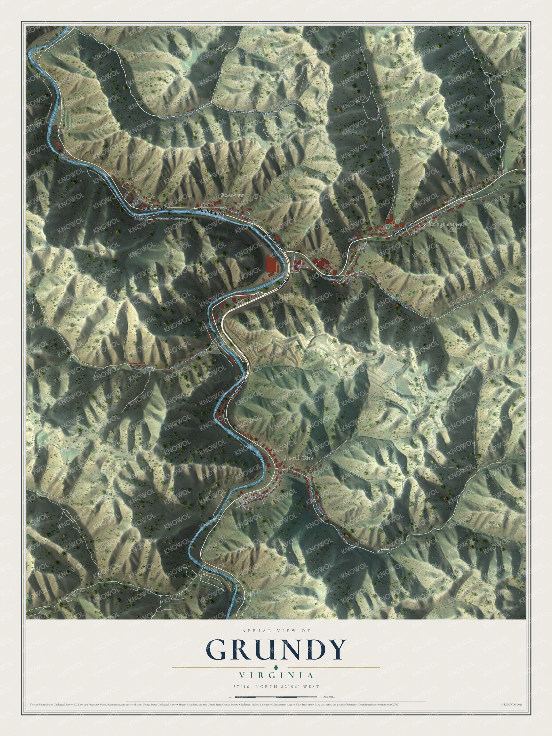 Full map of Grundy, Virginia, with red buildings, printed street names and the land around them