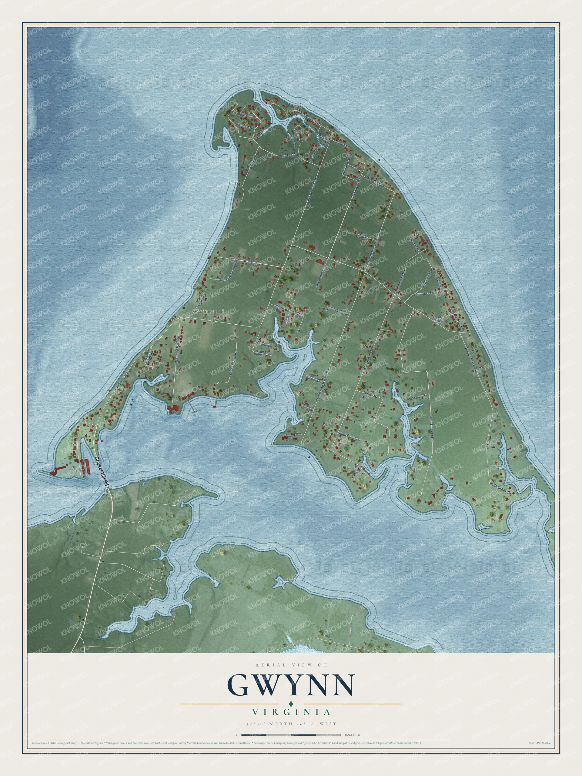 Full map of Gwynn, Virginia, with red buildings, printed street names and the land around them