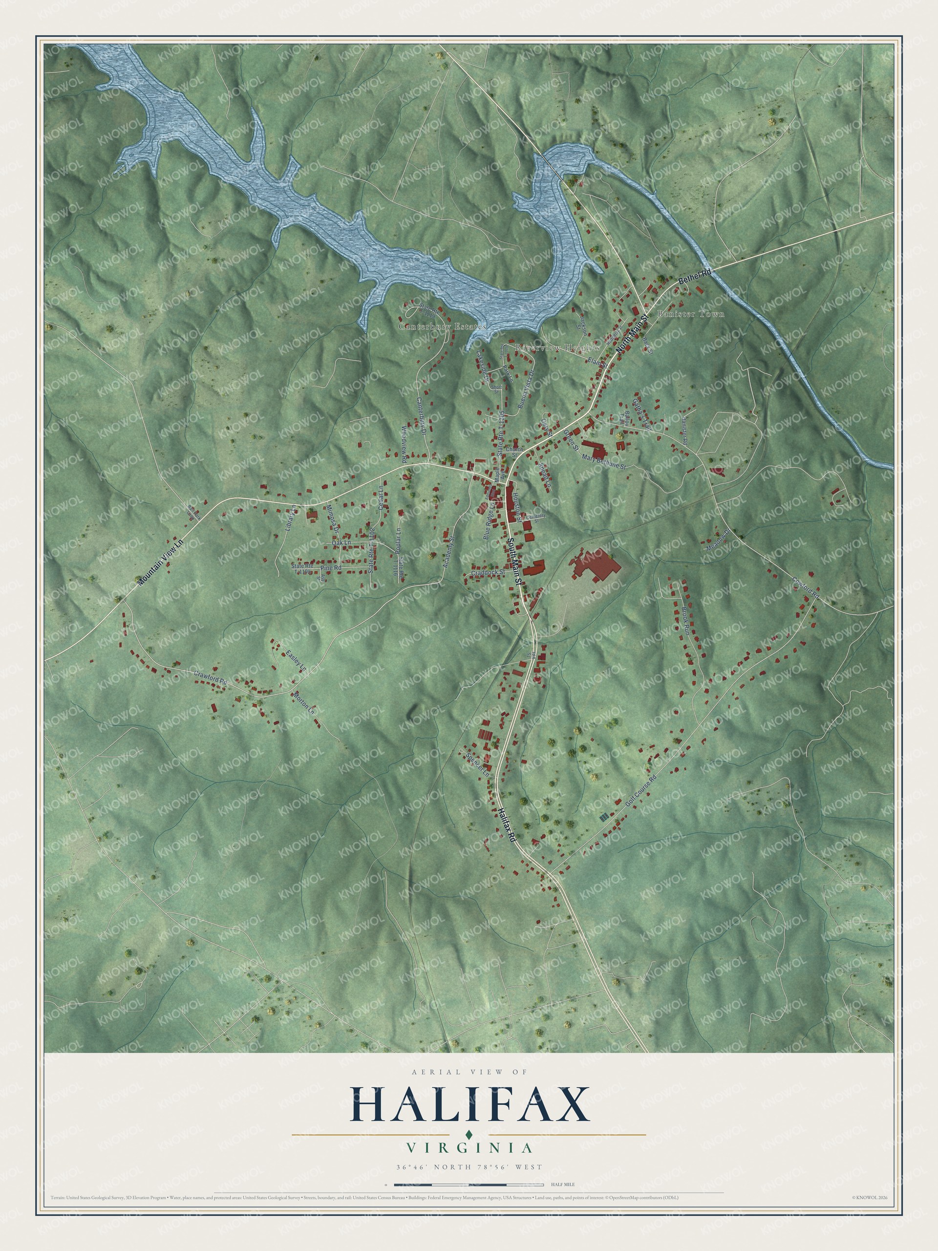 Full map of Halifax, Virginia, with red buildings, printed street names and the land around them