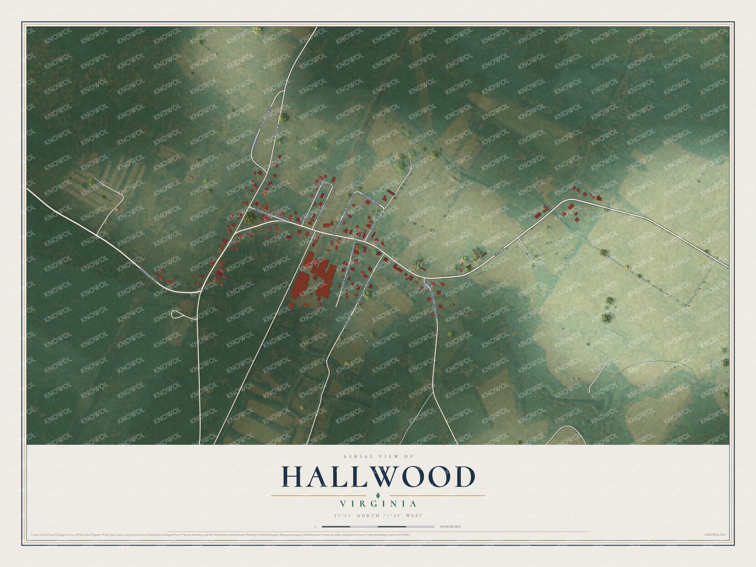 Full map of Hallwood, Virginia, with red buildings, printed street names and the land around them