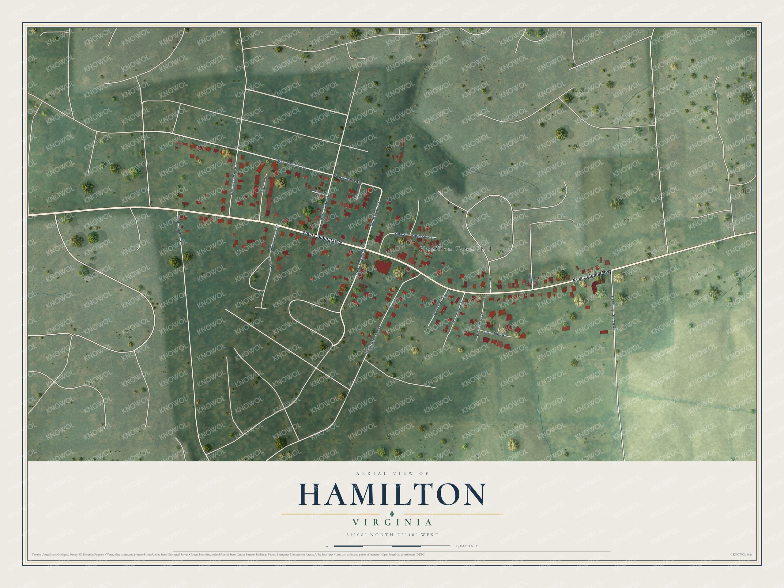 Full map of Hamilton, Virginia, with red buildings, printed street names and the land around them