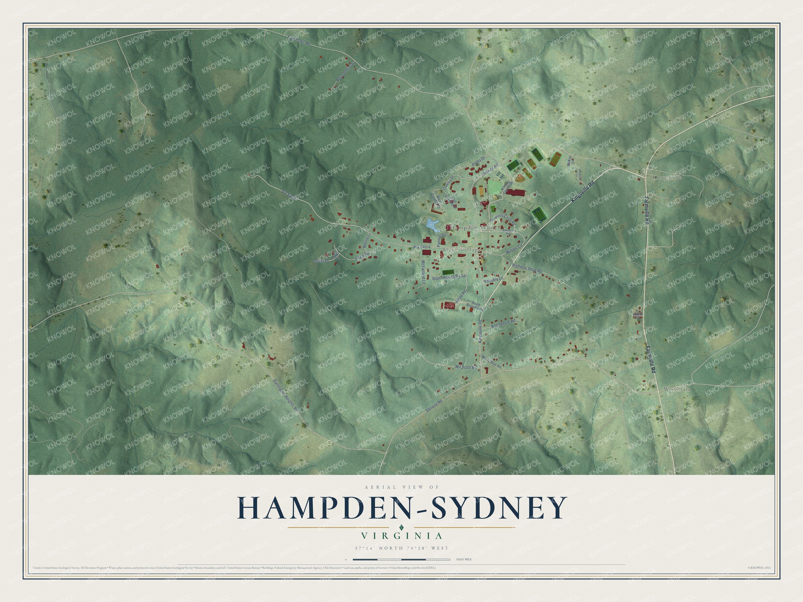Full map of Hampden-Sydney, Virginia, with red buildings, printed street names and the land around them