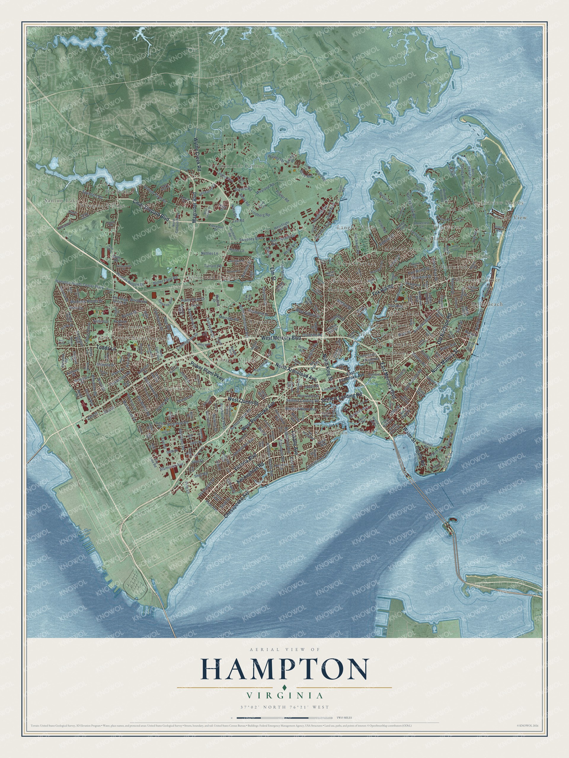 Full map of Hampton, Virginia, with red buildings, printed street names and the land around them