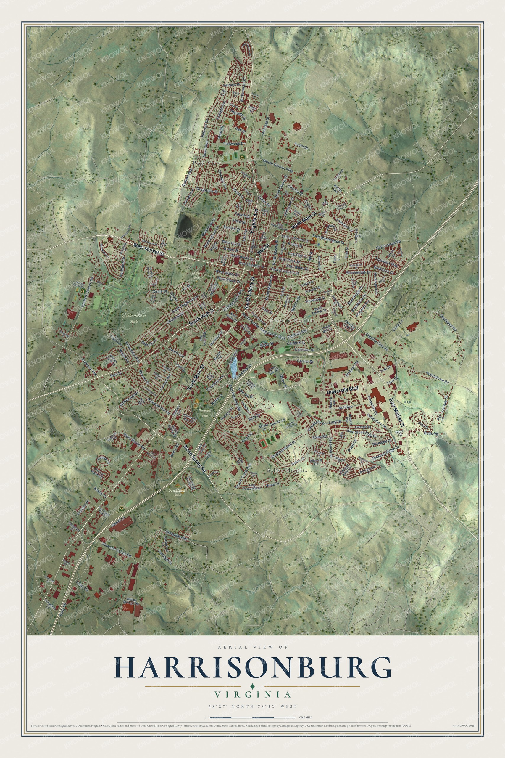 Full map of Harrisonburg, Virginia, with red buildings, printed street names and the land around them