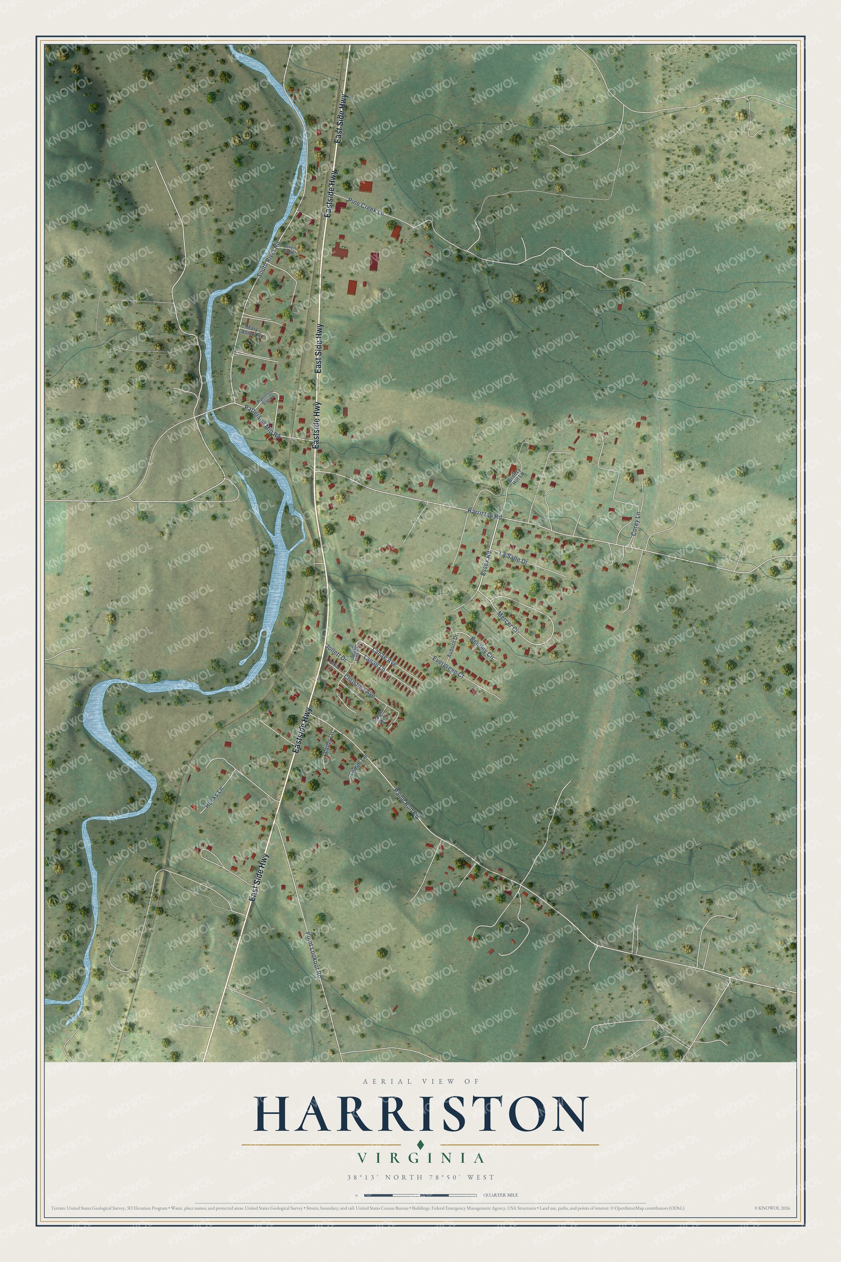 Full map of Harriston, Virginia, with red buildings, printed street names and the land around them