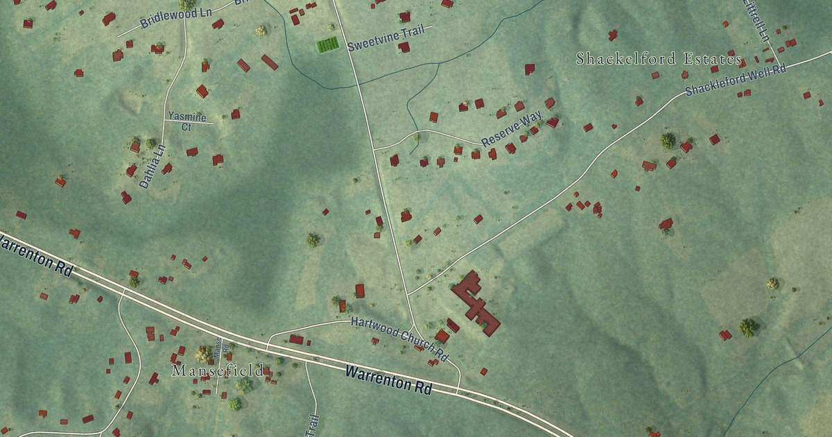 Close-up of streets and buildings in Hartwood, Virginia