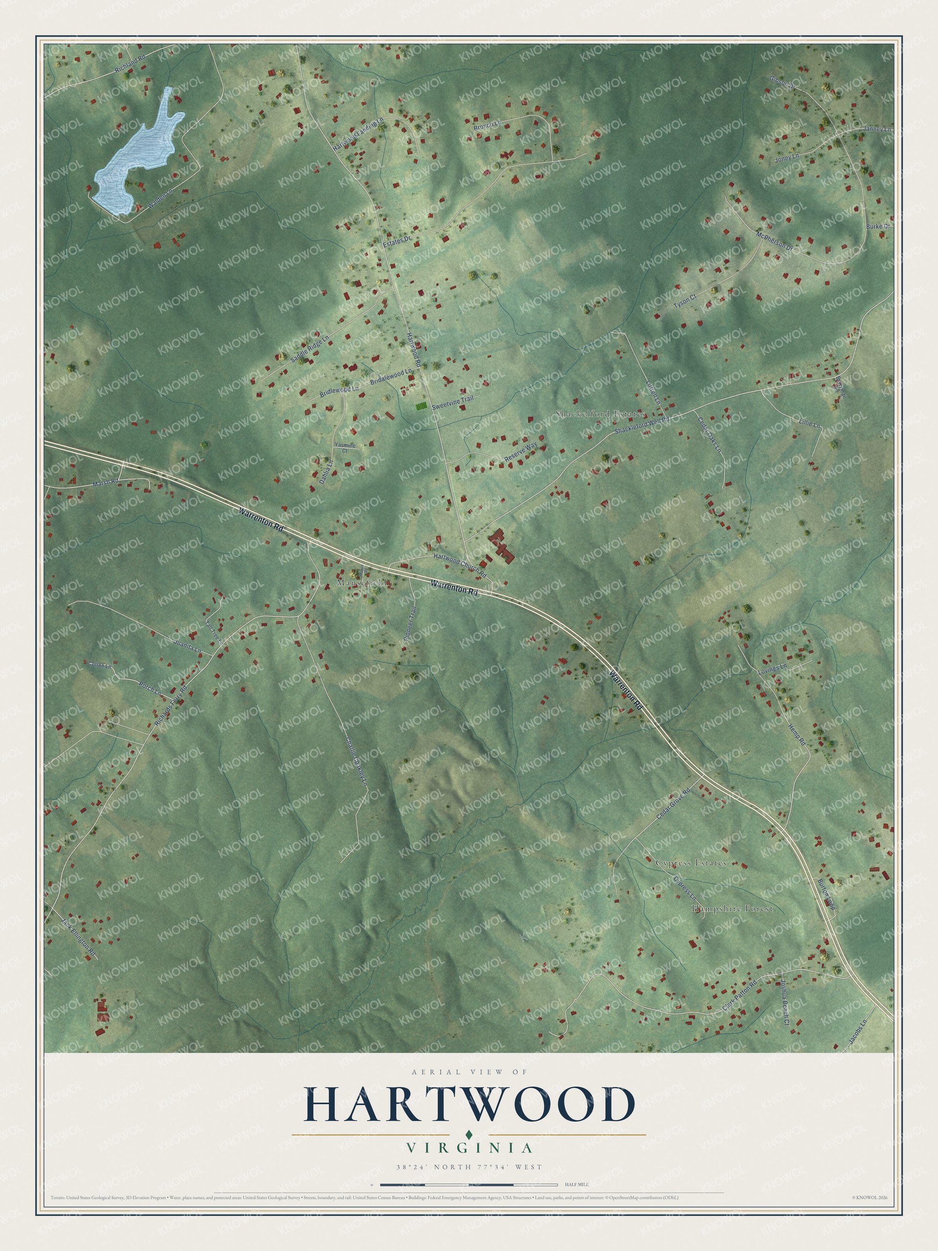 Full map of Hartwood, Virginia, with red buildings, printed street names and the land around them