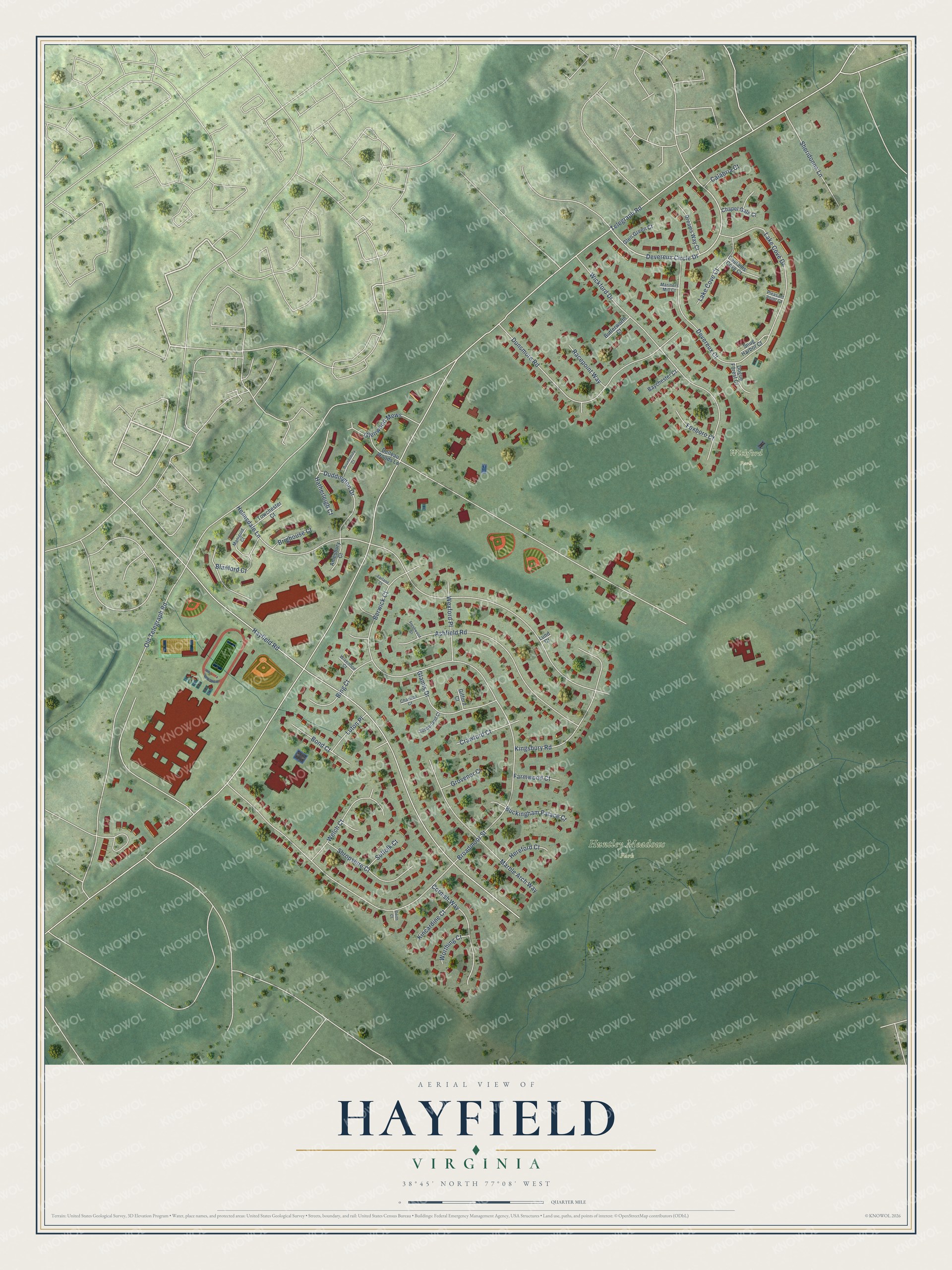 Full map of Hayfield, Virginia, with red buildings, printed street names and the land around them