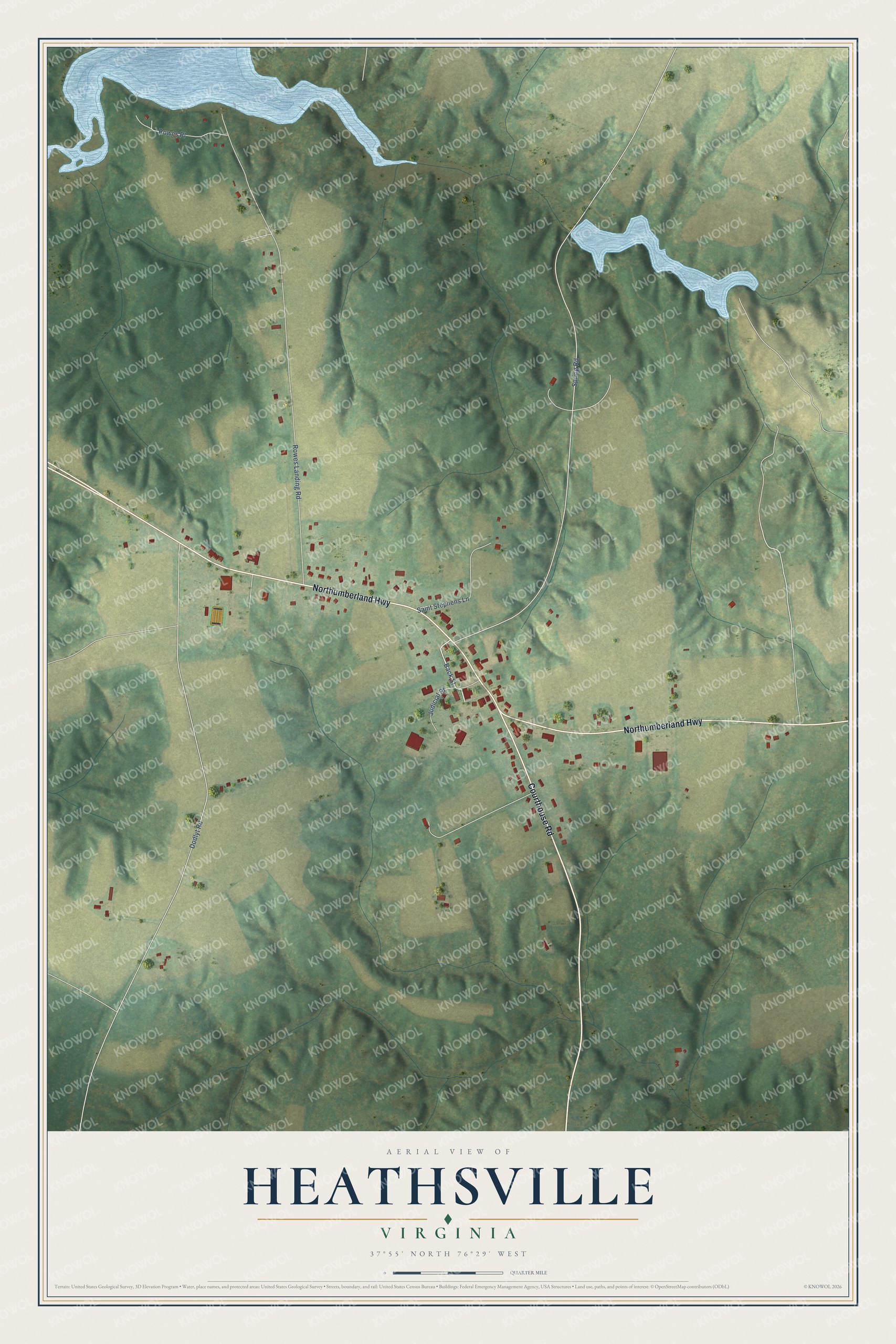Full map of Heathsville, Virginia, with red buildings, printed street names and the land around them
