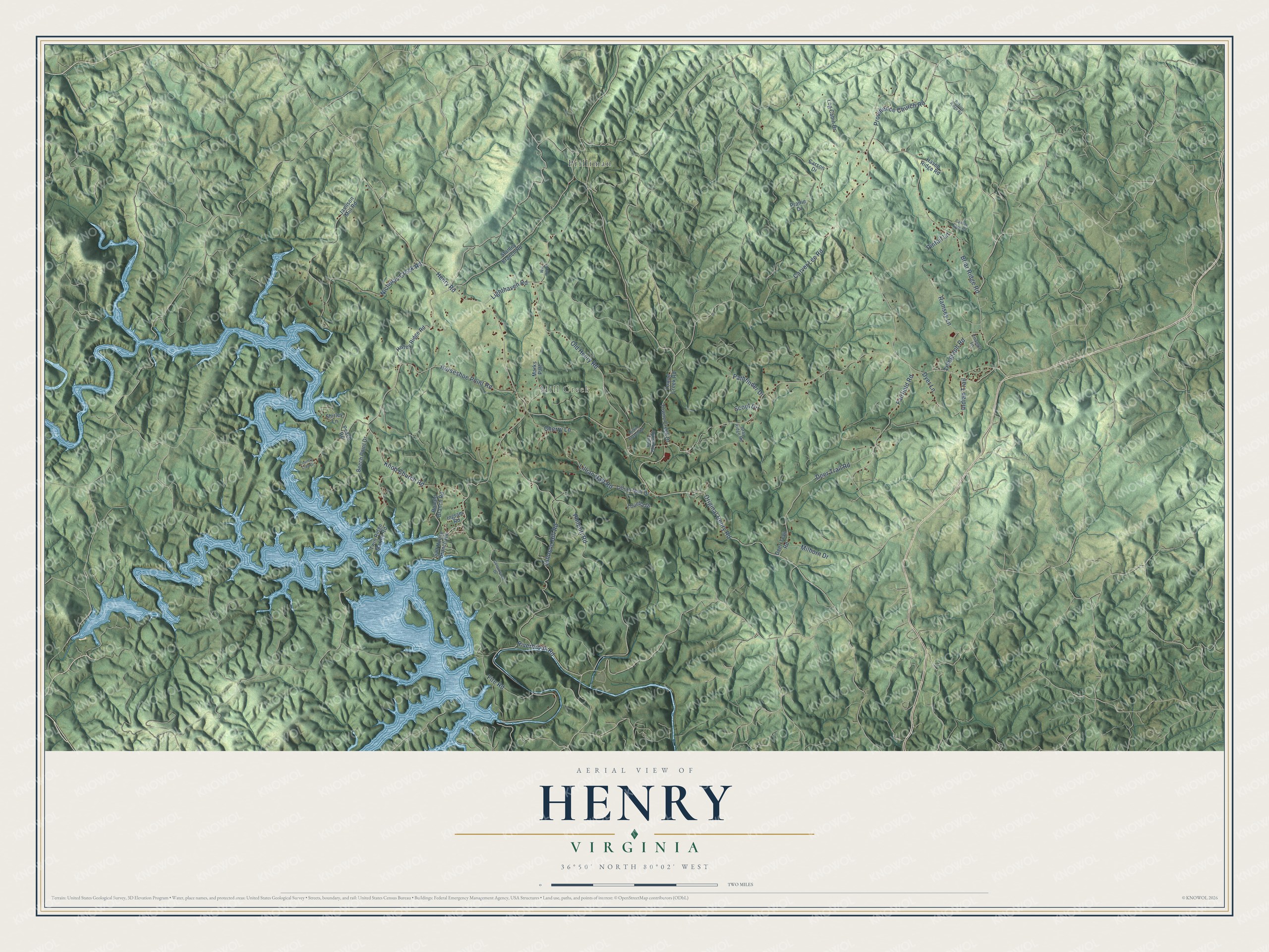 Full map of Henry, Virginia, with red buildings, printed street names and the land around them