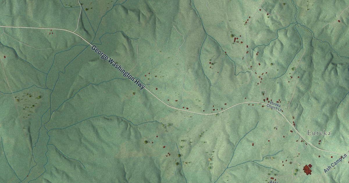 Close-up of streets and buildings in Henry, Charlotte County, Virginia