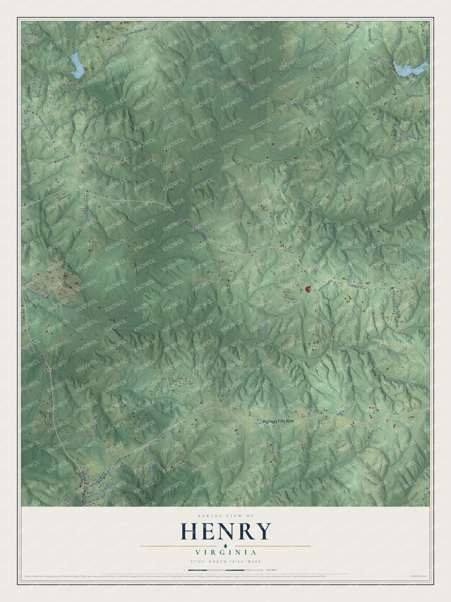 Full map of Henry, Virginia, with red buildings, printed street names and the land around them