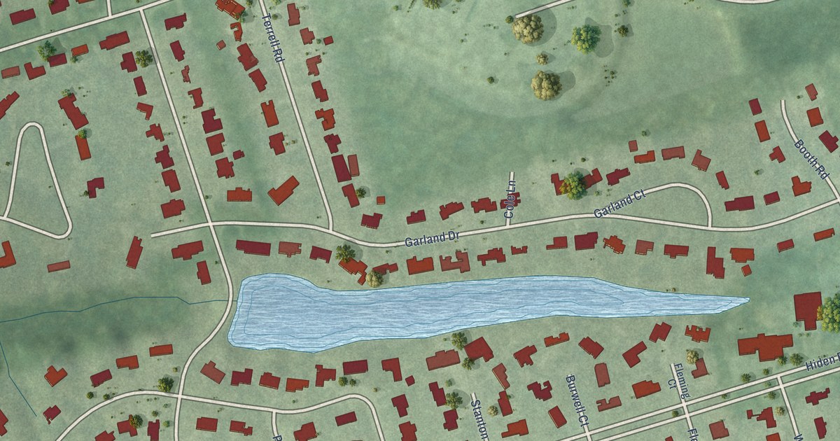 Close-up of streets and buildings in Hidenwood, Virginia
