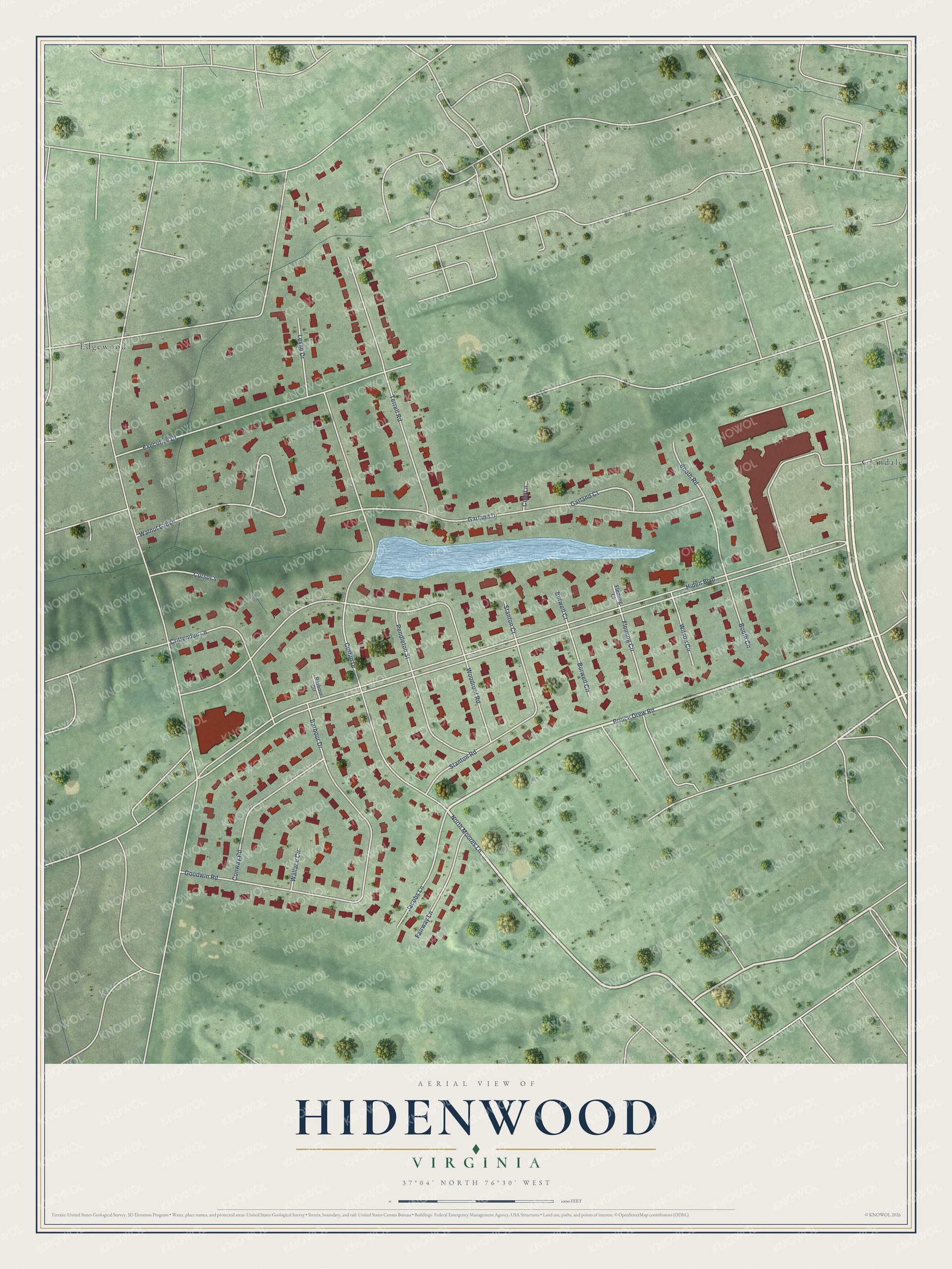 Full map of Hidenwood, Virginia, with red buildings, printed street names and the land around them