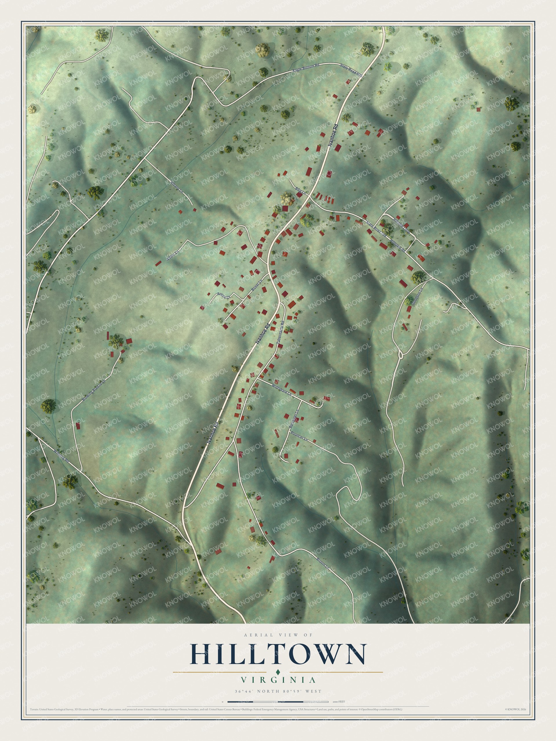 Full map of Hilltown, Virginia, with red buildings, printed street names and the land around them