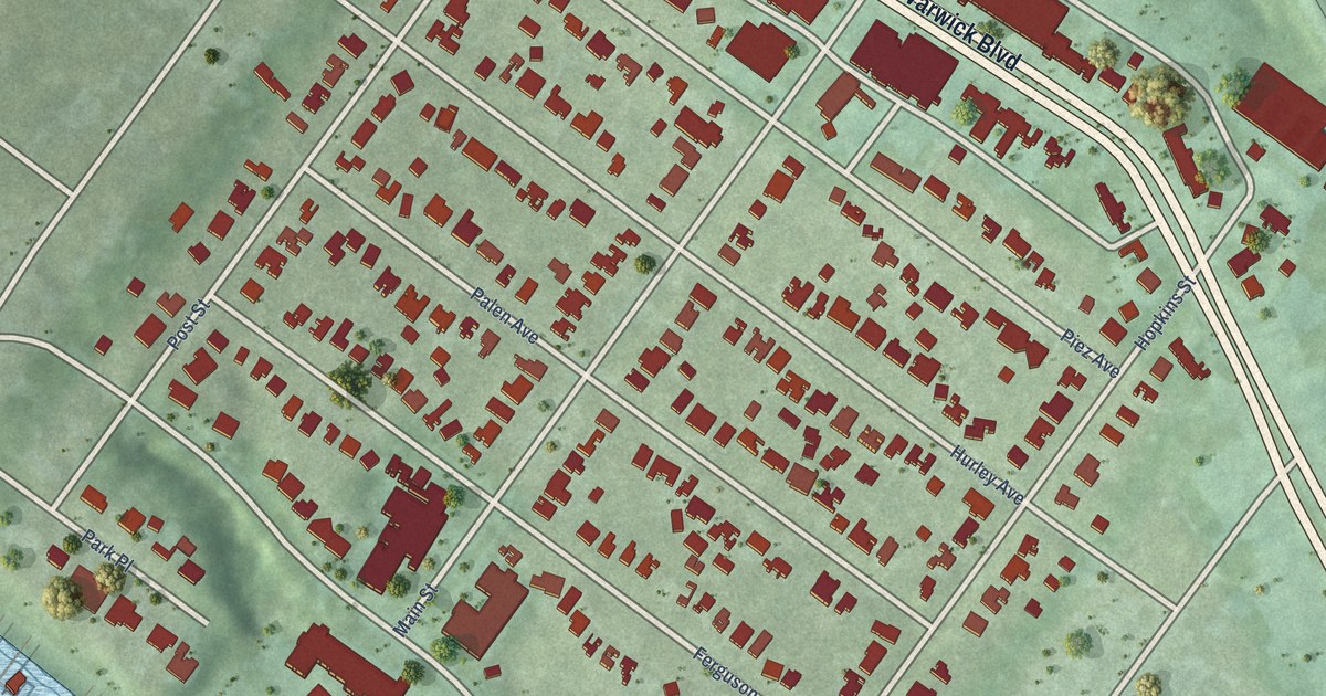 Close-up of streets and buildings in Hilton Village, Virginia