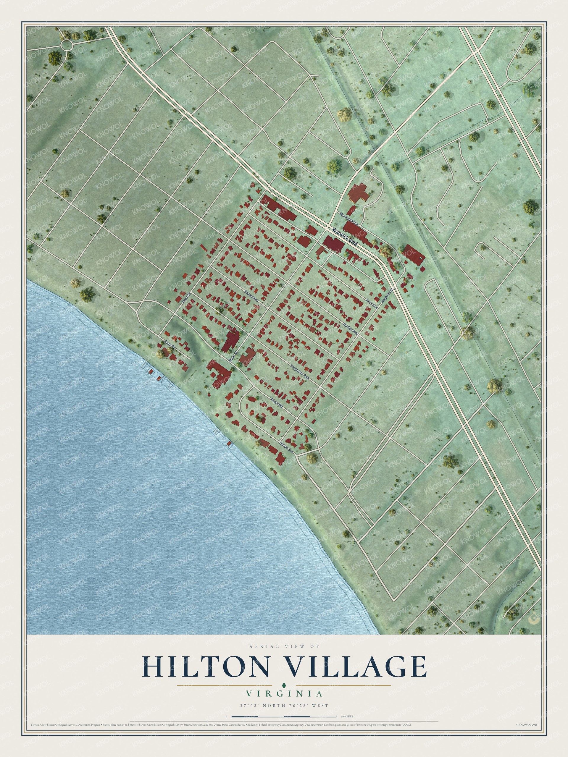Full map of Hilton Village, Virginia, with red buildings, printed street names and the land around them