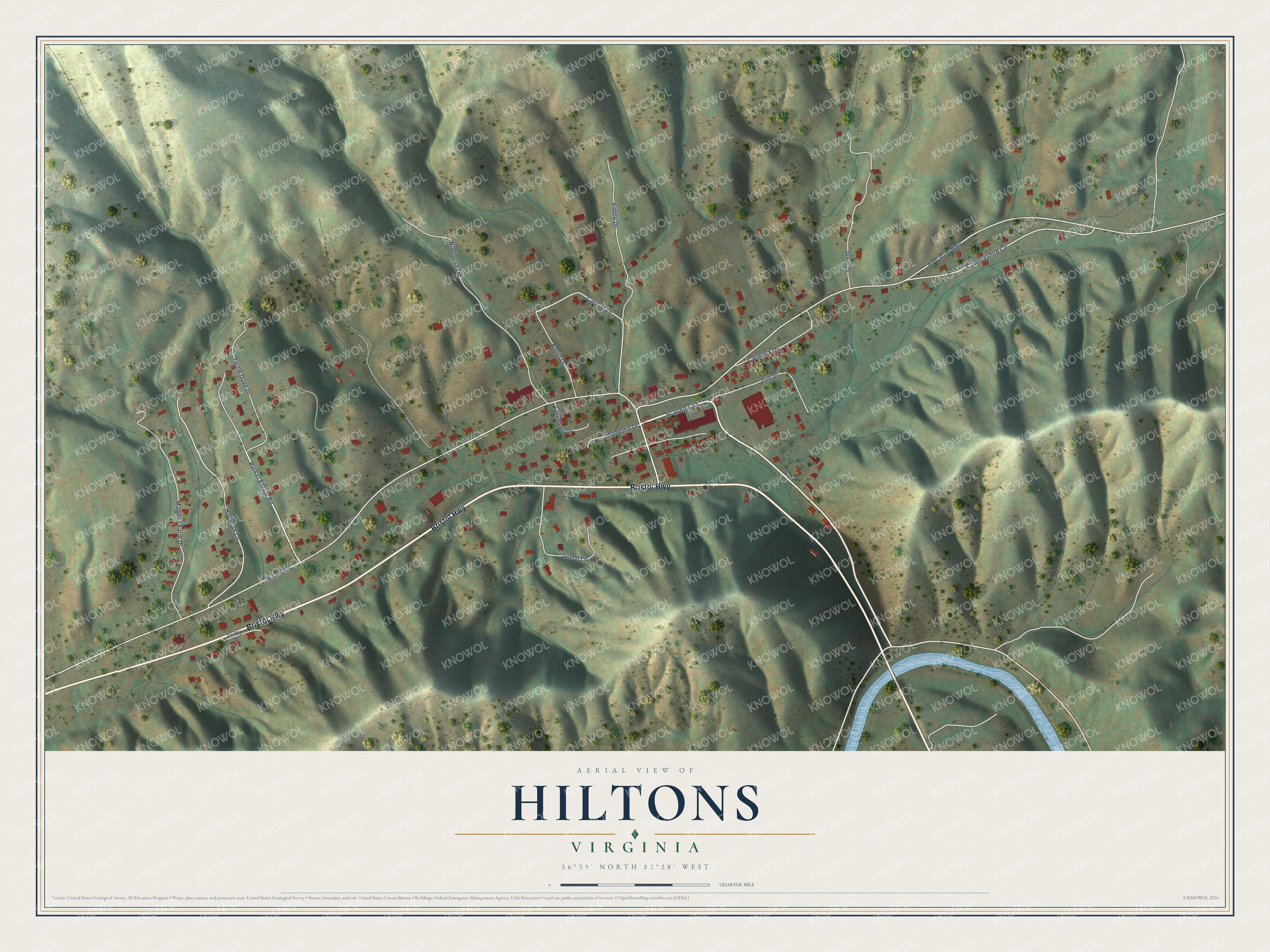 Full map of Hiltons, Virginia, with red buildings, printed street names and the land around them