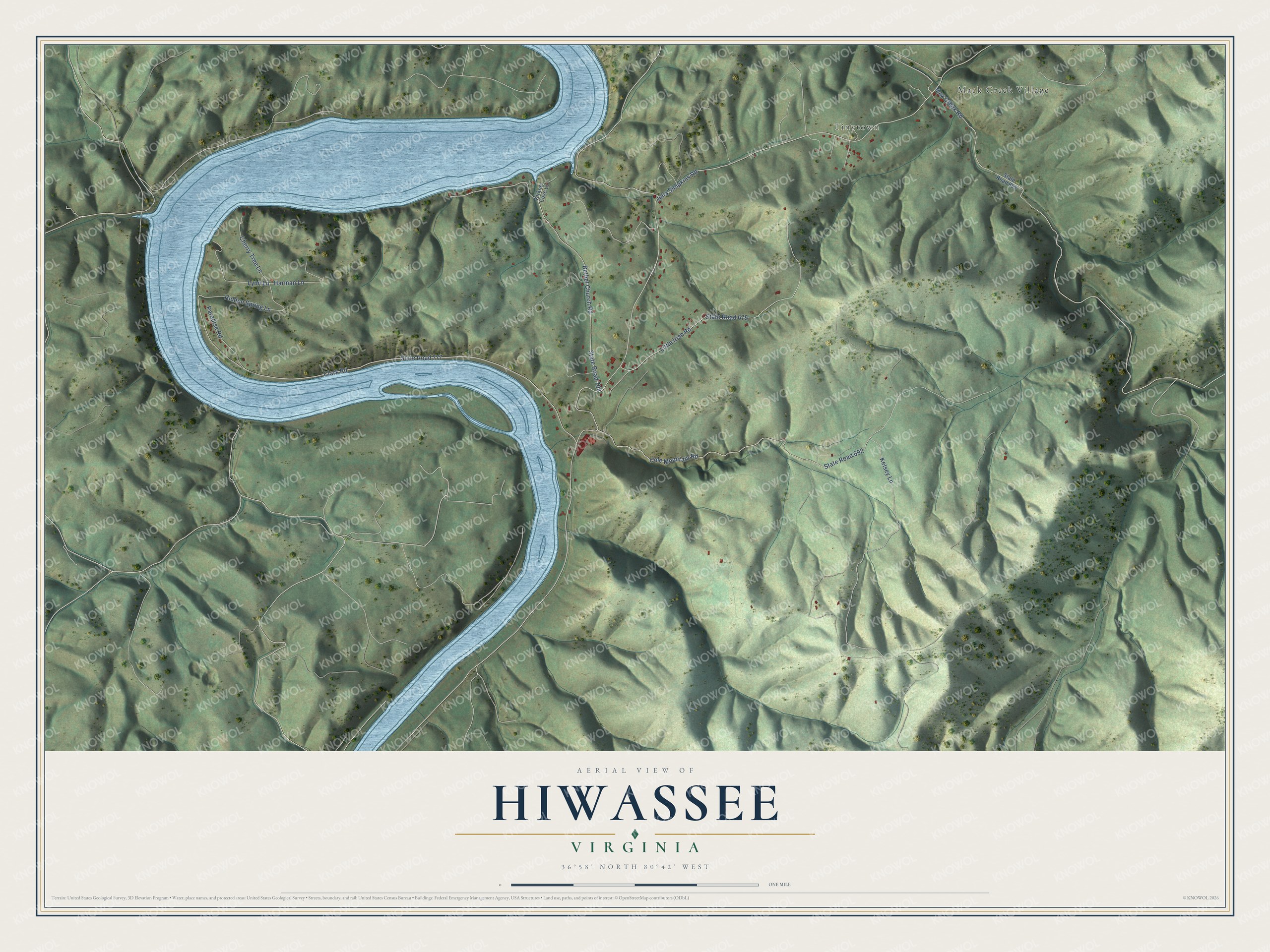 Full map of Hiwassee, Virginia, with red buildings, printed street names and the land around them