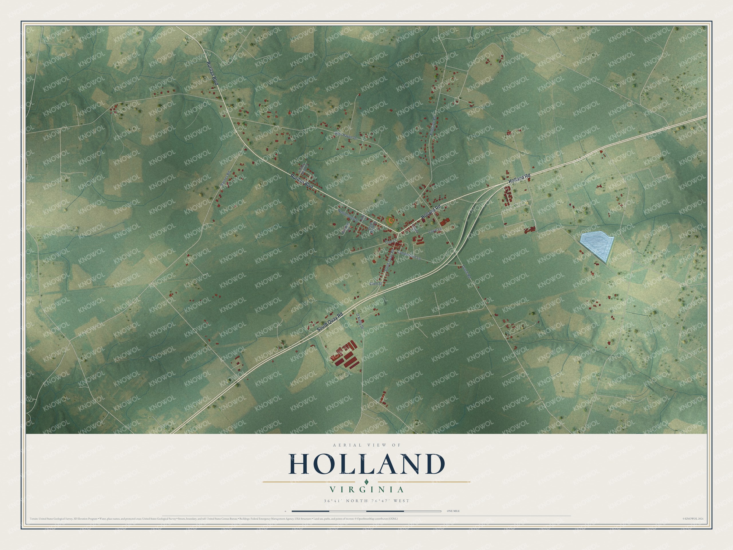 Full map of Holland, Virginia, with red buildings, printed street names and the land around them