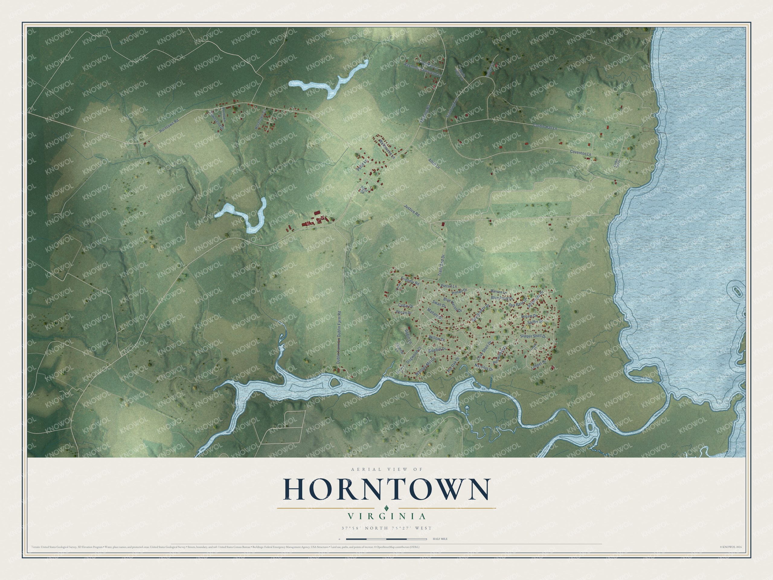 Full map of Horntown, Virginia, with red buildings, printed street names and the land around them