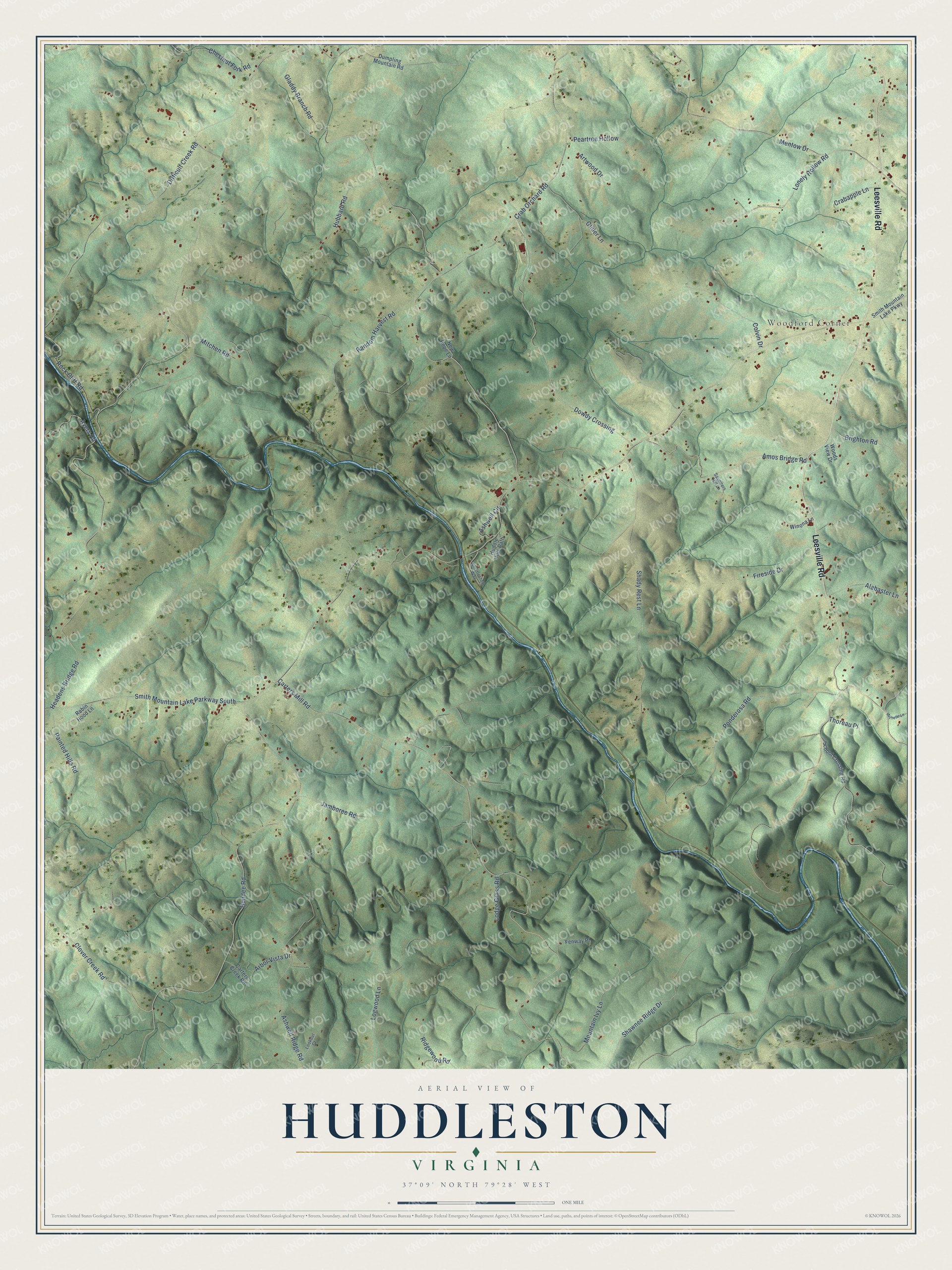 Full map of Huddleston, Virginia, with red buildings, printed street names and the land around them