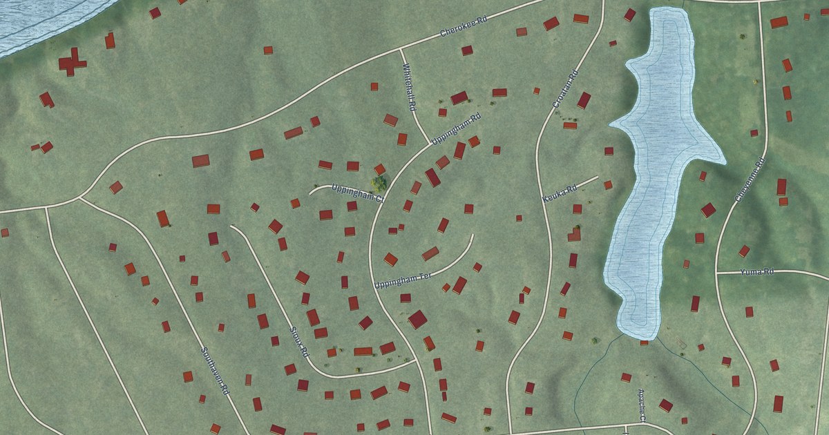 Close-up of streets and buildings in Huguenot Farms, Virginia