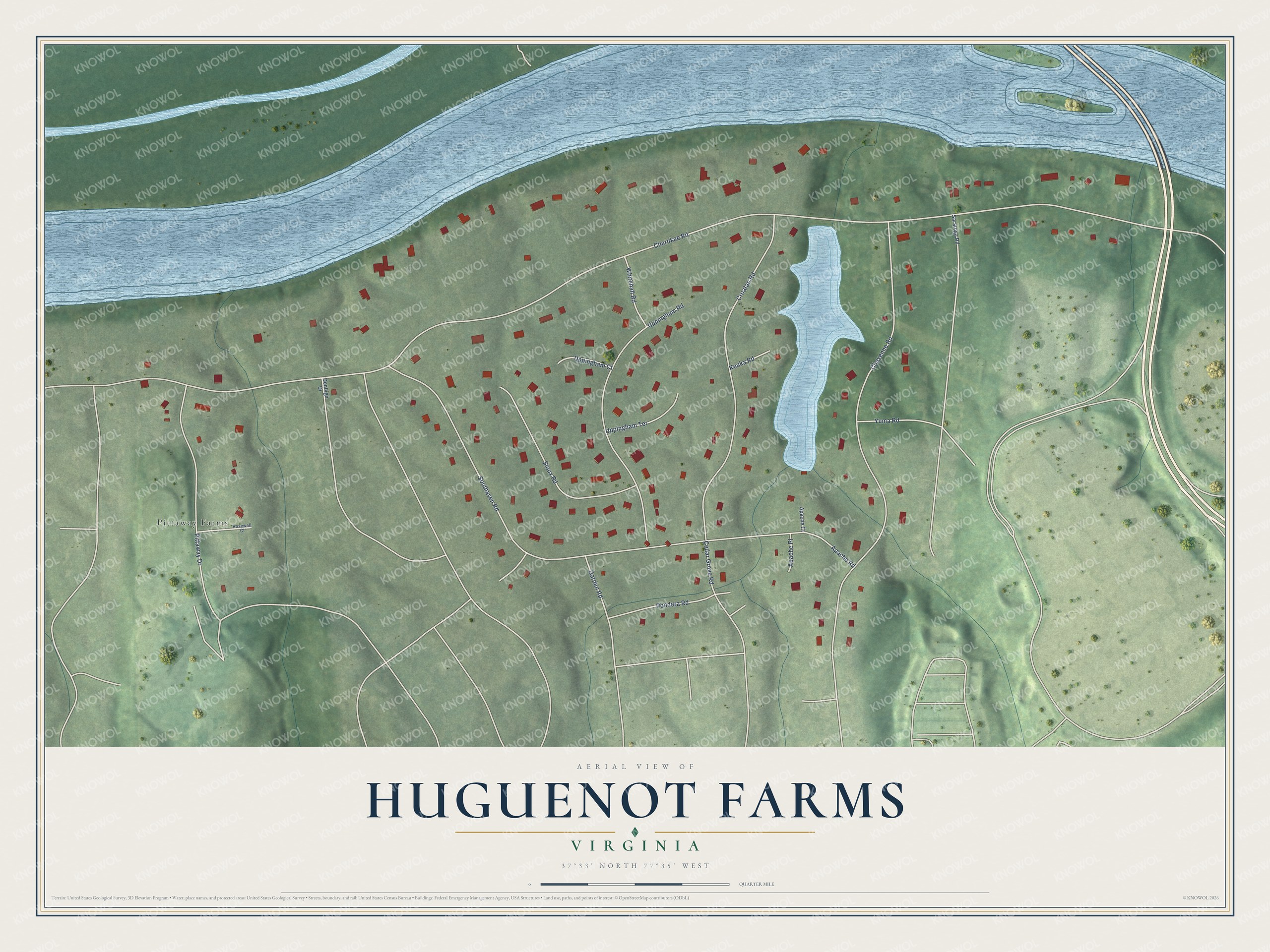 Full map of Huguenot Farms, Virginia, with red buildings, printed street names and the land around them