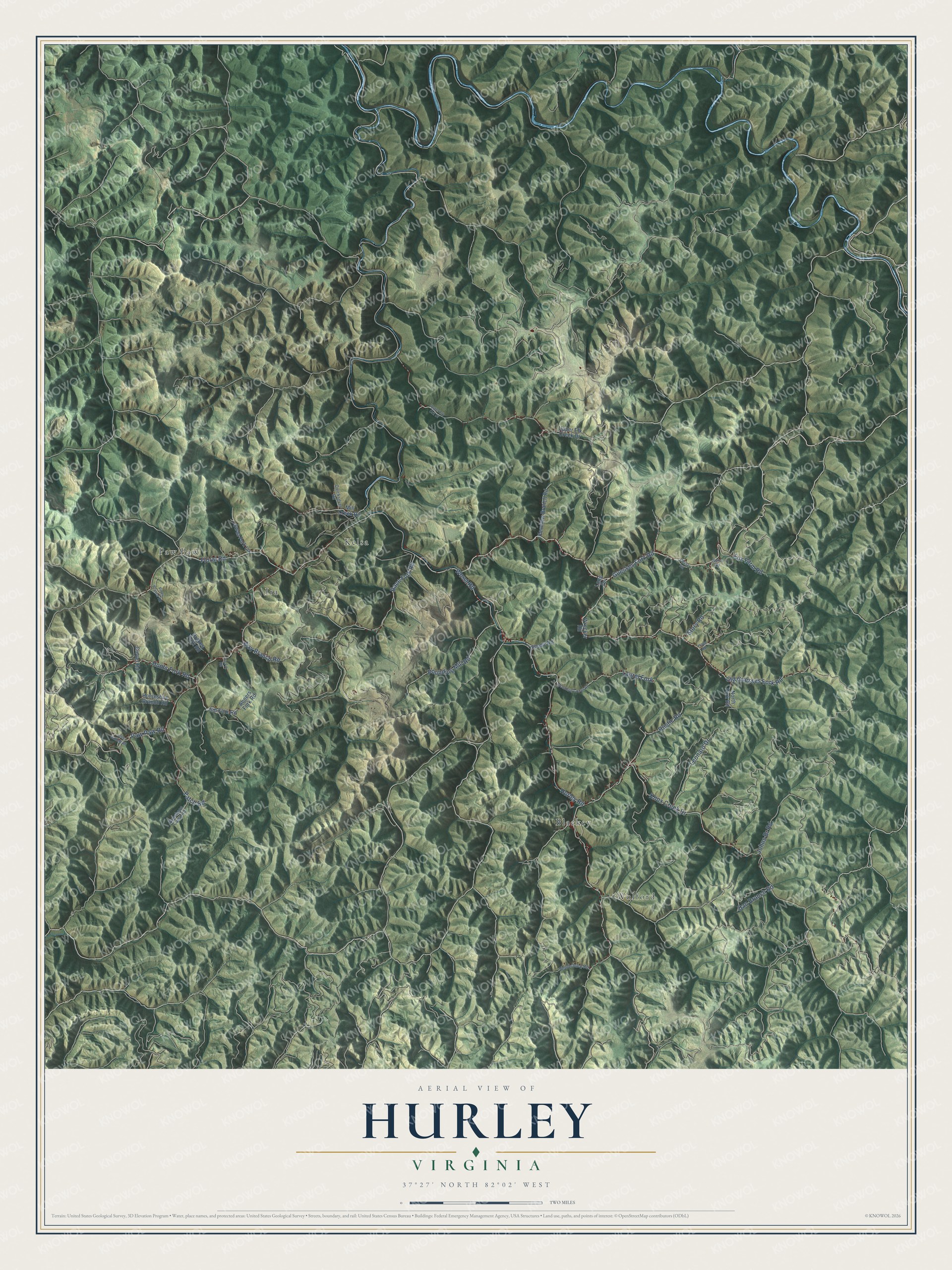 Full map of Hurley, Virginia, with red buildings, printed street names and the land around them