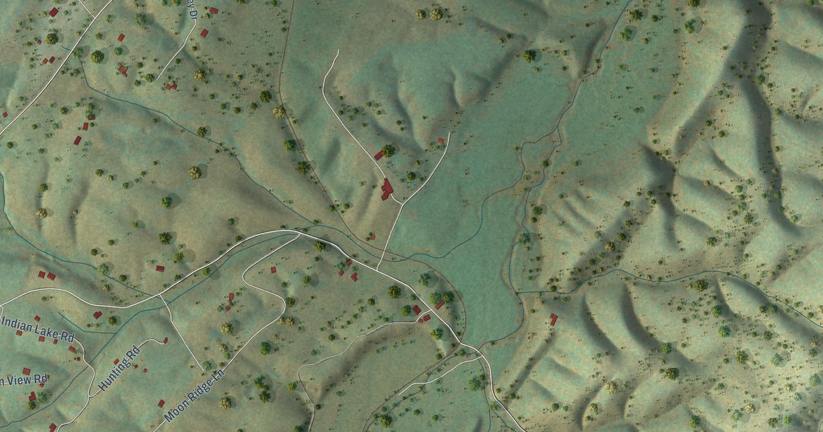 Close-up of streets and buildings in Indian Hollow, Virginia