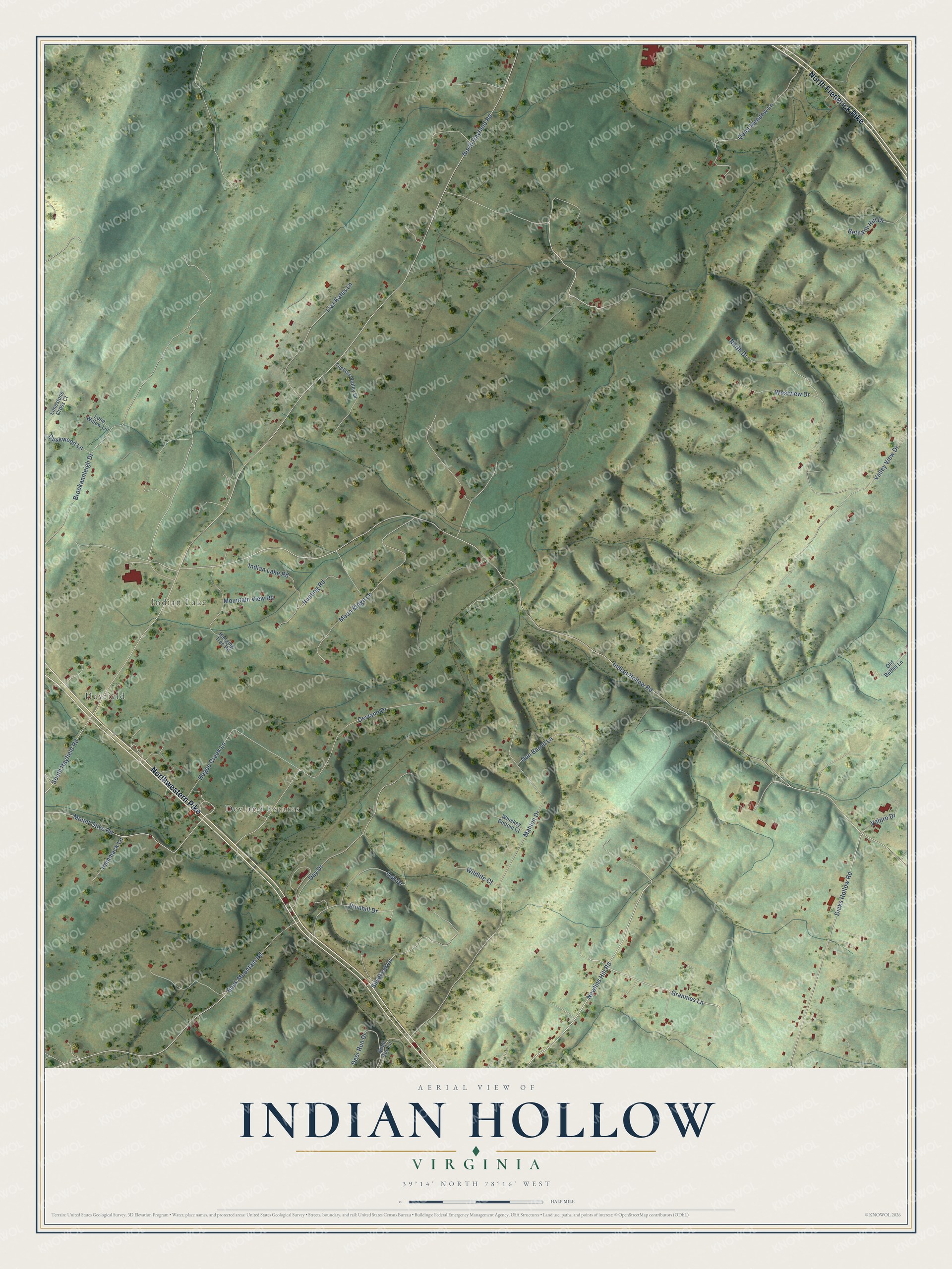 Full map of Indian Hollow, Virginia, with red buildings, printed street names and the land around them