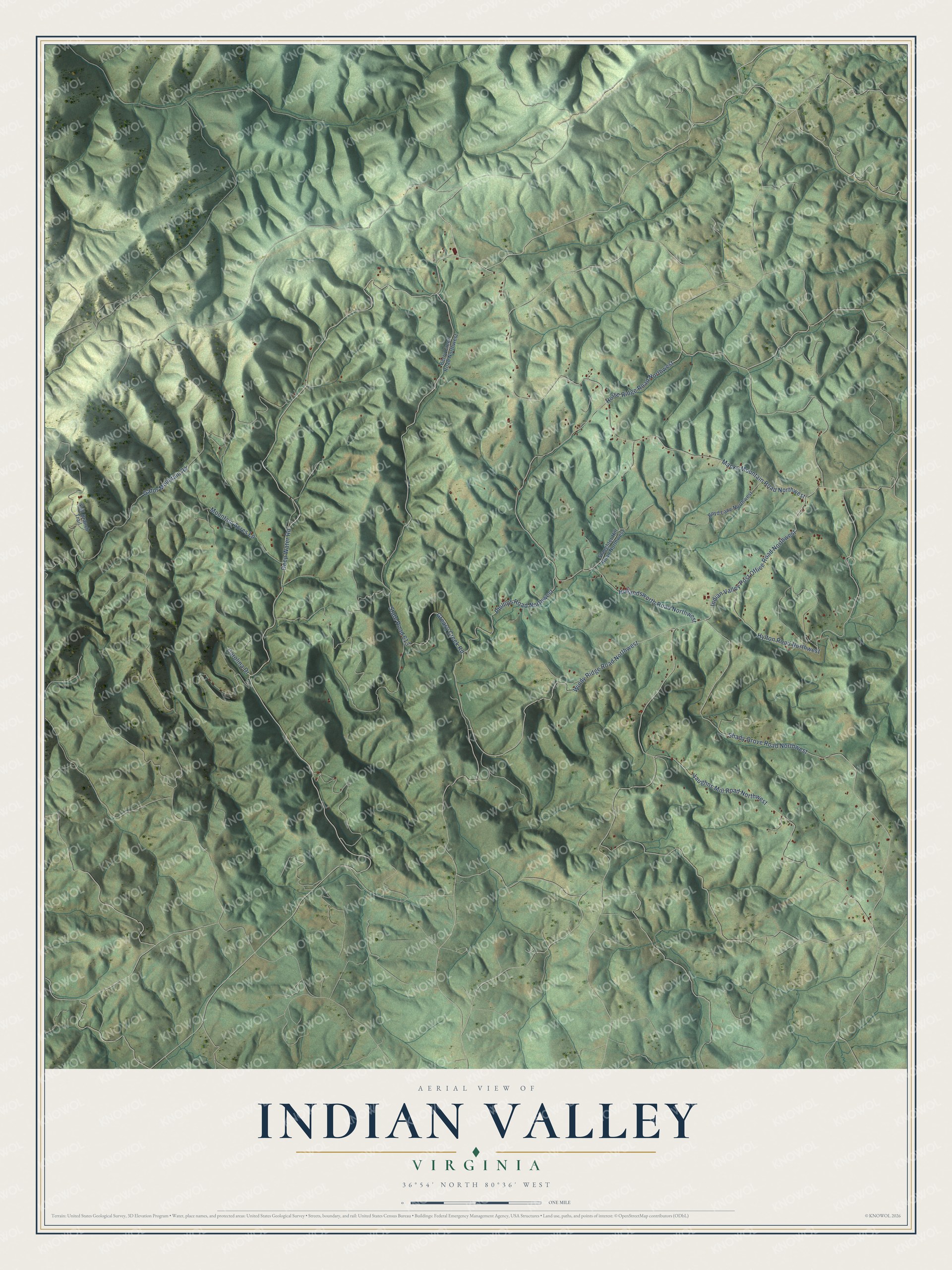 Full map of Indian Valley, Virginia, with red buildings, printed street names and the land around them