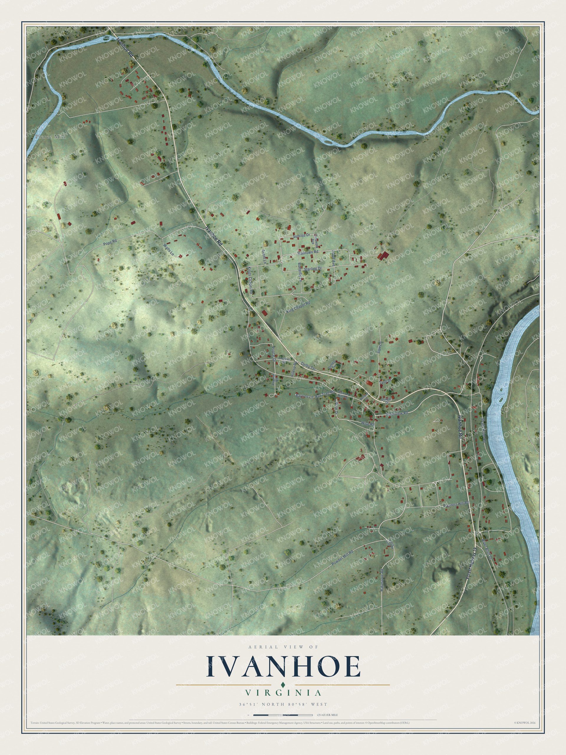 Full map of Ivanhoe, Virginia, with red buildings, printed street names and the land around them