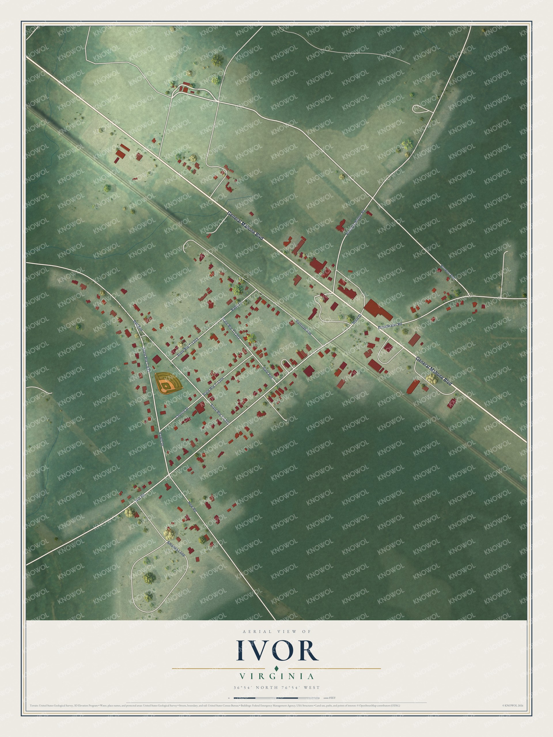 Full map of Ivor, Virginia, with red buildings, printed street names and the land around them