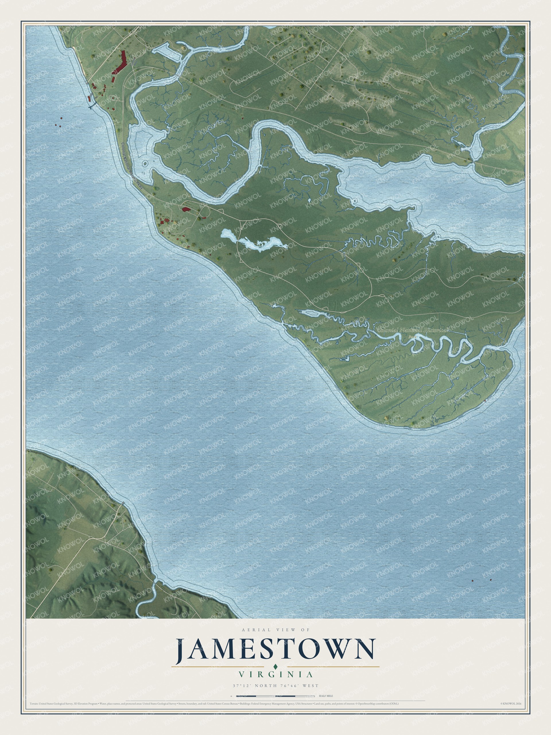 Full map of Jamestown, Virginia, with red buildings, printed street names and the land around them